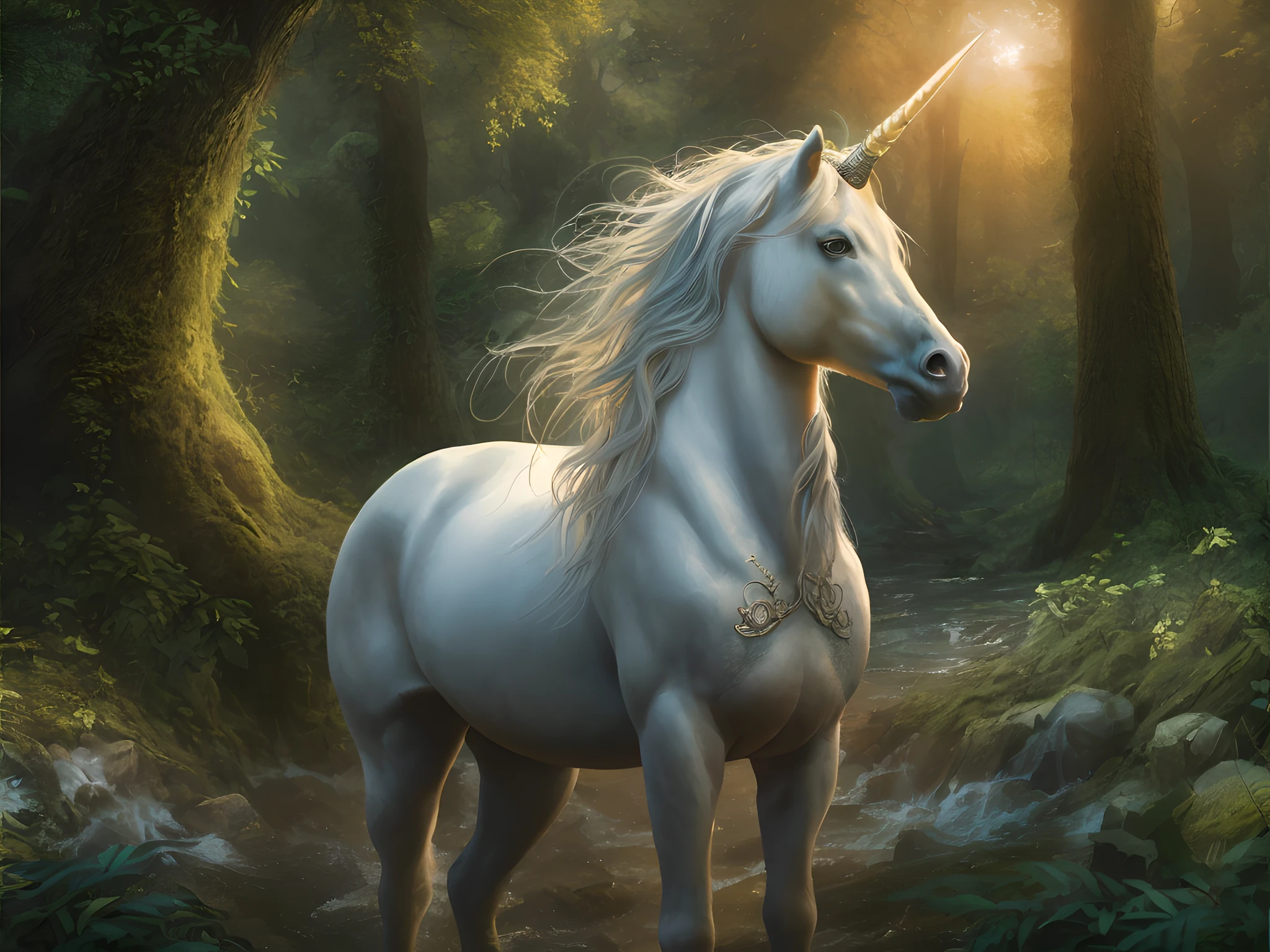 a picture of a unicorn in a forest clearing, an epic unicorn (best detailed, Masterpiece, best quality)  watching a forest clearing, there are plenty of trees and flowers, a stream of water, fairies flying around, sunset light, sun rays, DruidMagicAI, fantasy art,magv1ll, D&D art, RPG art, magic-fantasy-forest, ultra best realistic, best details, best quality, 16k, [ultra detailed], masterpiece, best quality, (extremely detailed), ultra wide shot, photorealism, depth of field, hyper realistic painting