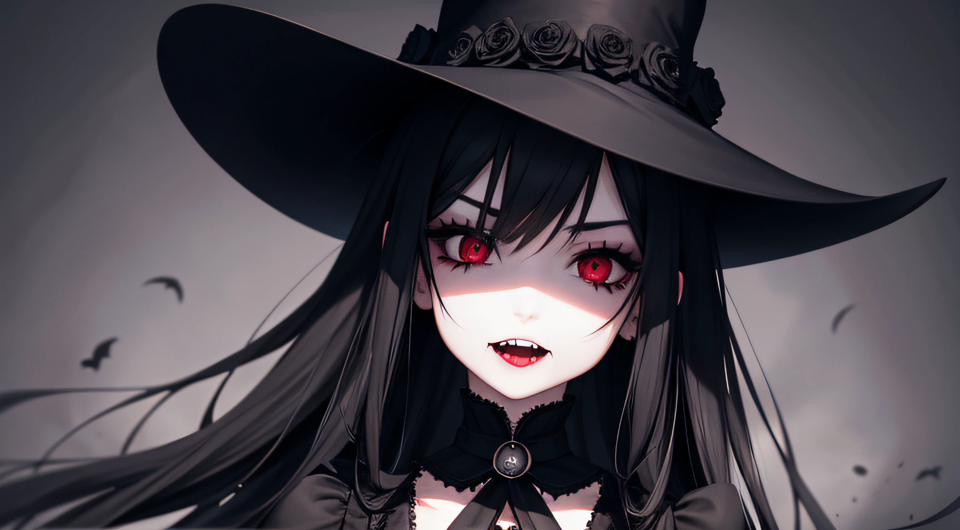 1girl,black sclera, cleavage,upper body, eyelashes, looking at viewer, red eyes, solo,shiny skin,huge breasts,halloween,skull,blood,blood on face,horror \(theme\),pale skin,evil grin