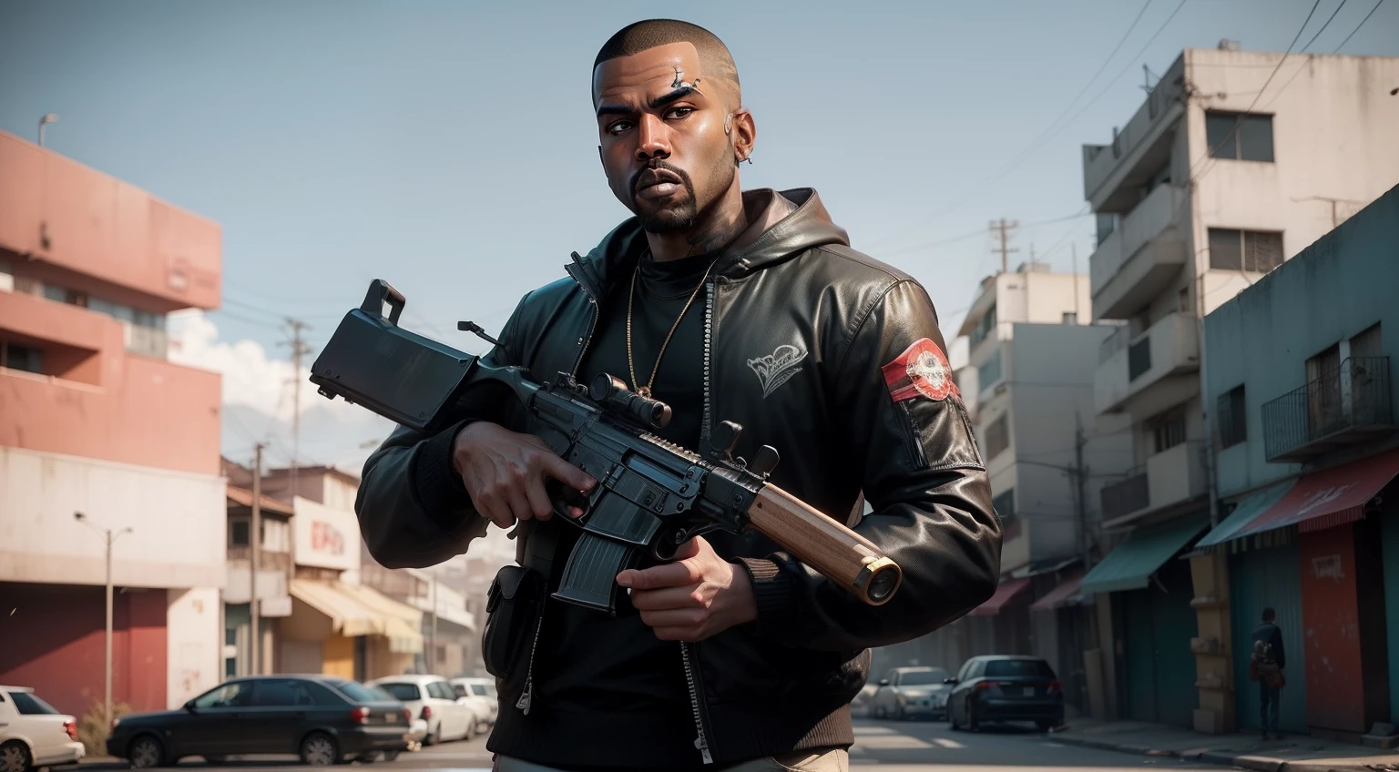 There's a man , gta personagem, Como o protagonista de GTA 5, GTA V Estilo, como um personagem de gtav, corte de cabelo red,cabelo red,Kanye West em GTA v, Estilo GTA5, gta v personagem, empunhando fuzil de assalto, fuzil AK-47 ,gta 5 tom de pele negro,em favela estilo brasil