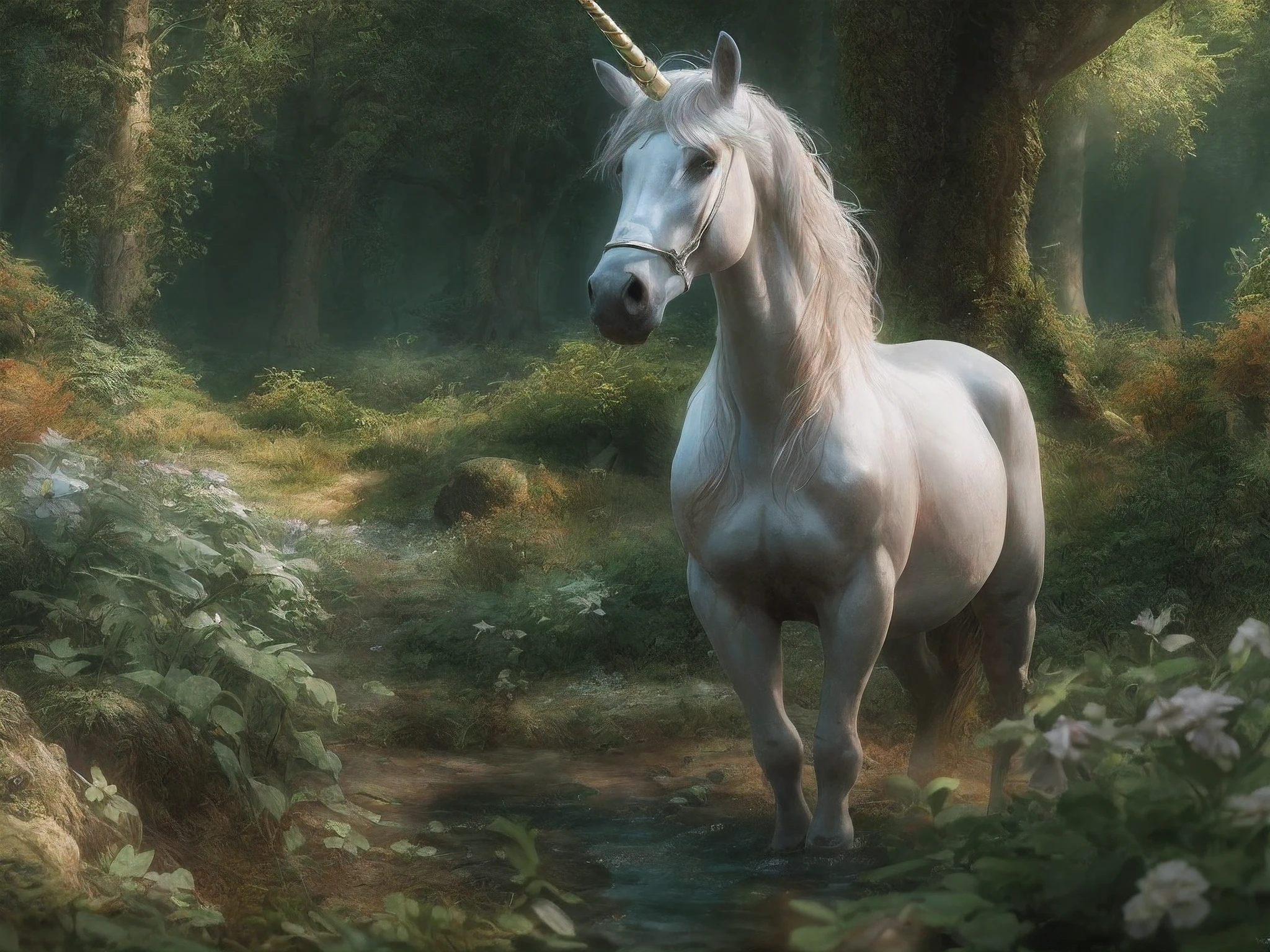 a picture of a unicorn in a forest clearing, an epic unicorn (best detailed, Masterpiece, best quality)  watching a forest clearing, there are plenty of trees and flowers, a stream of water, fairies flying around, sunset light, sun rays, DruidMagicAI, fantasy art,magv1ll, D&D art, RPG art, magic-fantasy-forest, ultra best realistic, best details, best quality, 16k, [ultra detailed], masterpiece, best quality, (extremely detailed), ultra wide shot, photorealism, depth of field, hyper realistic painting