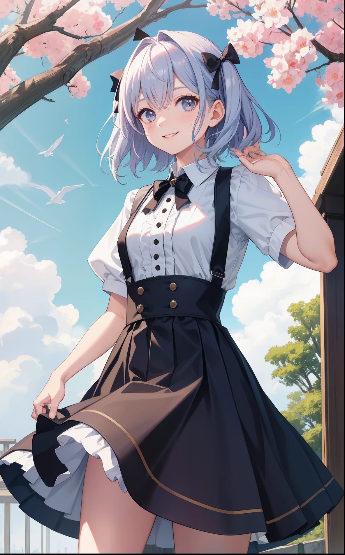 1girl in、AS-Adult、A smile、A delightful! The shirt、skirt by the、(small tits)pinafore、doress、hair adornments、(Maids)、Spring breeze、