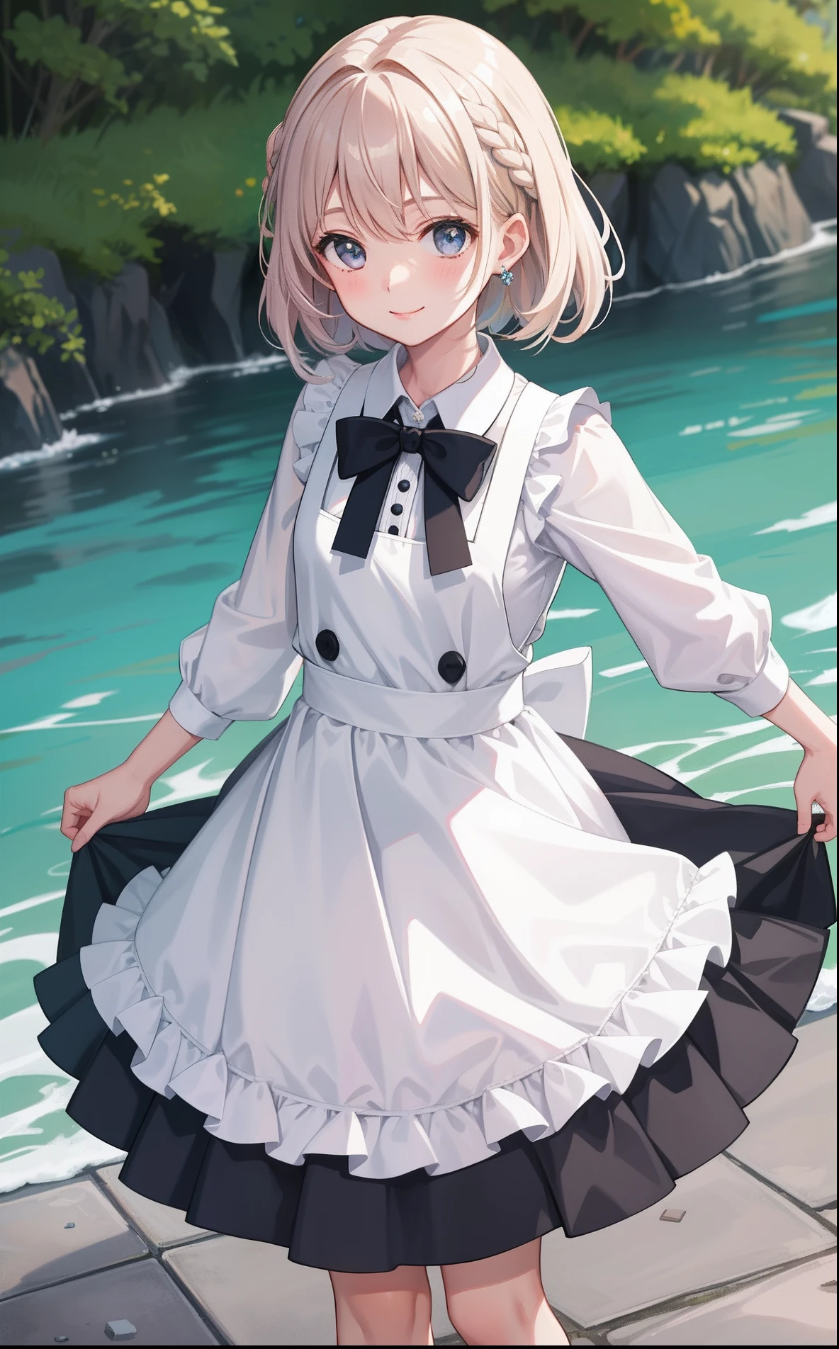 1girl in、AS-Adult、A smile、A delightful! The shirt、skirt by the、(small tits)pinafore、doress、hair adornments、(Maids)、Spring breeze、
