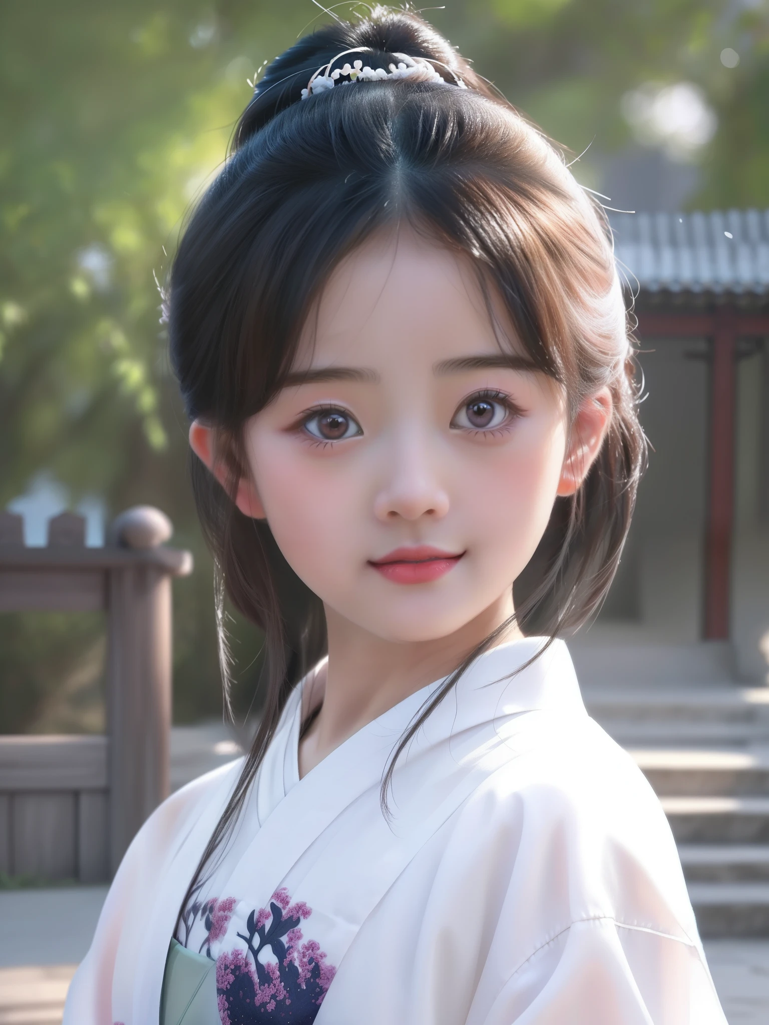 Close-up of young girl in white kimono, lovely digital painting, Guviz-style artwork, Beautiful character painting, Realistic cute girl painting, Chinese girl, Palace , A girl in Hanfu, Guviz, Cute natural anime face, Beautiful digital artwork, Kawaii realistic portrait, Realistic anime 3 D style, adorable digital art