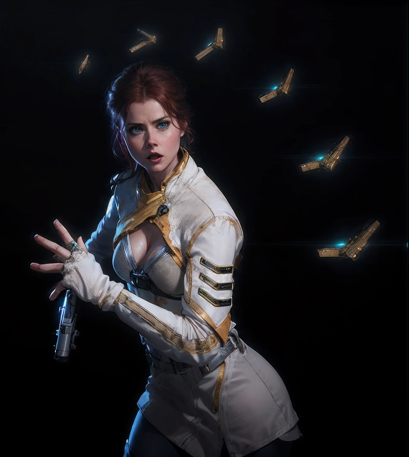 Hot terrified Amy Adams holding a sci fi blaster on Ishimura Horror Space Ship photography, natural light, photorealism, cinematic rendering, ray tracing, the highest quality, the highest detail, Cinematic, Third-Person View, Blur Effect, Long Exposure, 8K, Ultra-HD, Natural Lighting, Moody Lighting, Cinematic Lighting