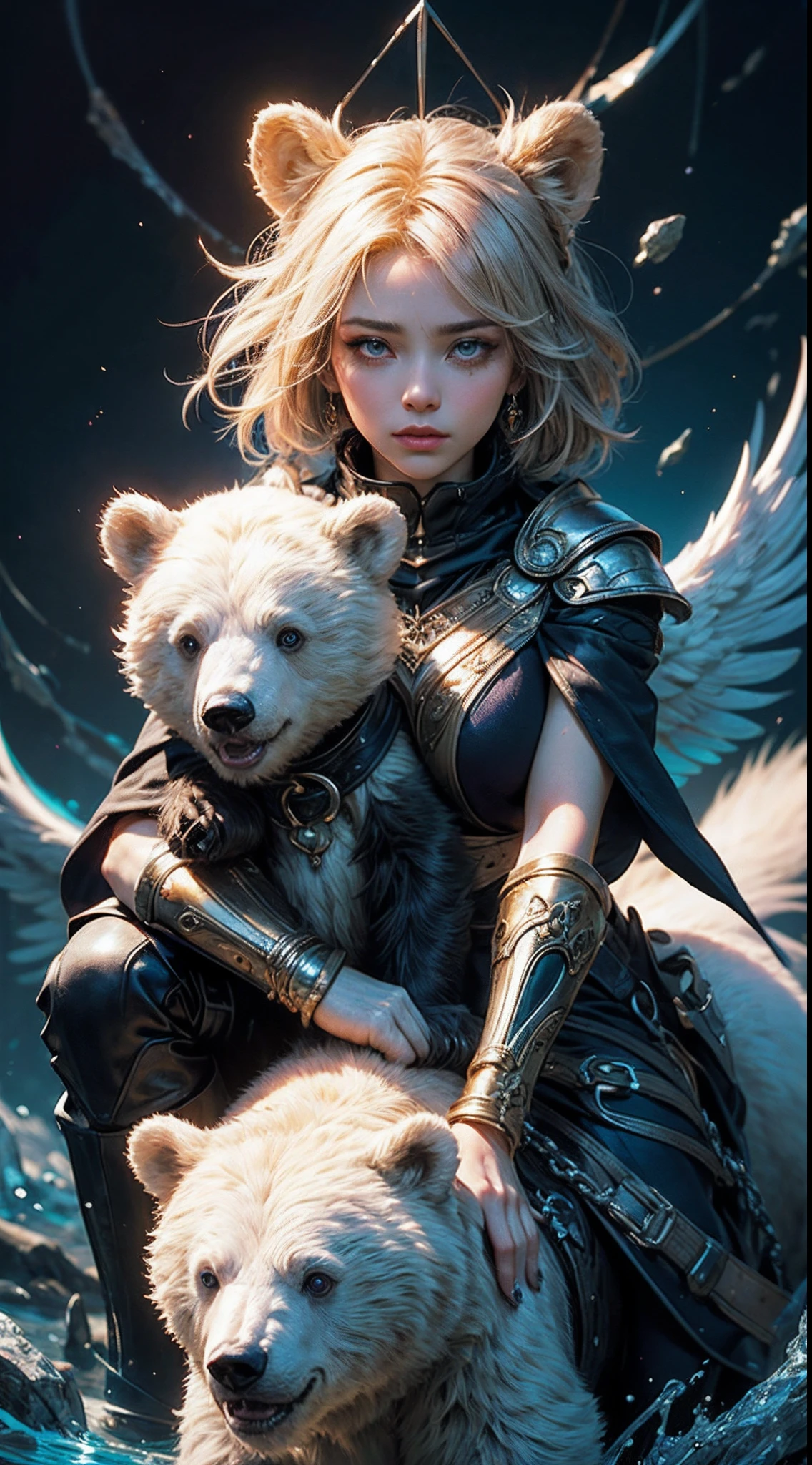 A crystal castle sealed in a magic book,Blood,Night, Dark, (fantasy),unlimited,Deep blue sky,The abyss of knowledge,cowl,((masutepiece)), (((Best quality))),((Beautiful fine eyes)),(eyeslashes)、(((Beautiful girl riding a huge white bear)))、(1 rapariga)、The perfect human structure、Blowing in the wind、long whitr hair、abyss eyes、glowy skin、oiled、small tits、Wizard robes、Tattered fabric、Realistic coat、Think、Super delicate CG Unity 32k wallpaper、tmasterpiece, ((ultra - detailed)), ((illustratio)),Extremely colorful,the wallpaper,energy,Unknown terror,mind bending,Around the magic,Magical environment,wands,Boken,Flight page,Know it all,Predicting the future、Learn about the past、Infinite wisdom、Blue Flame、Warlock、Magic Circles、pentacle、Spells、mantra、Singing magic