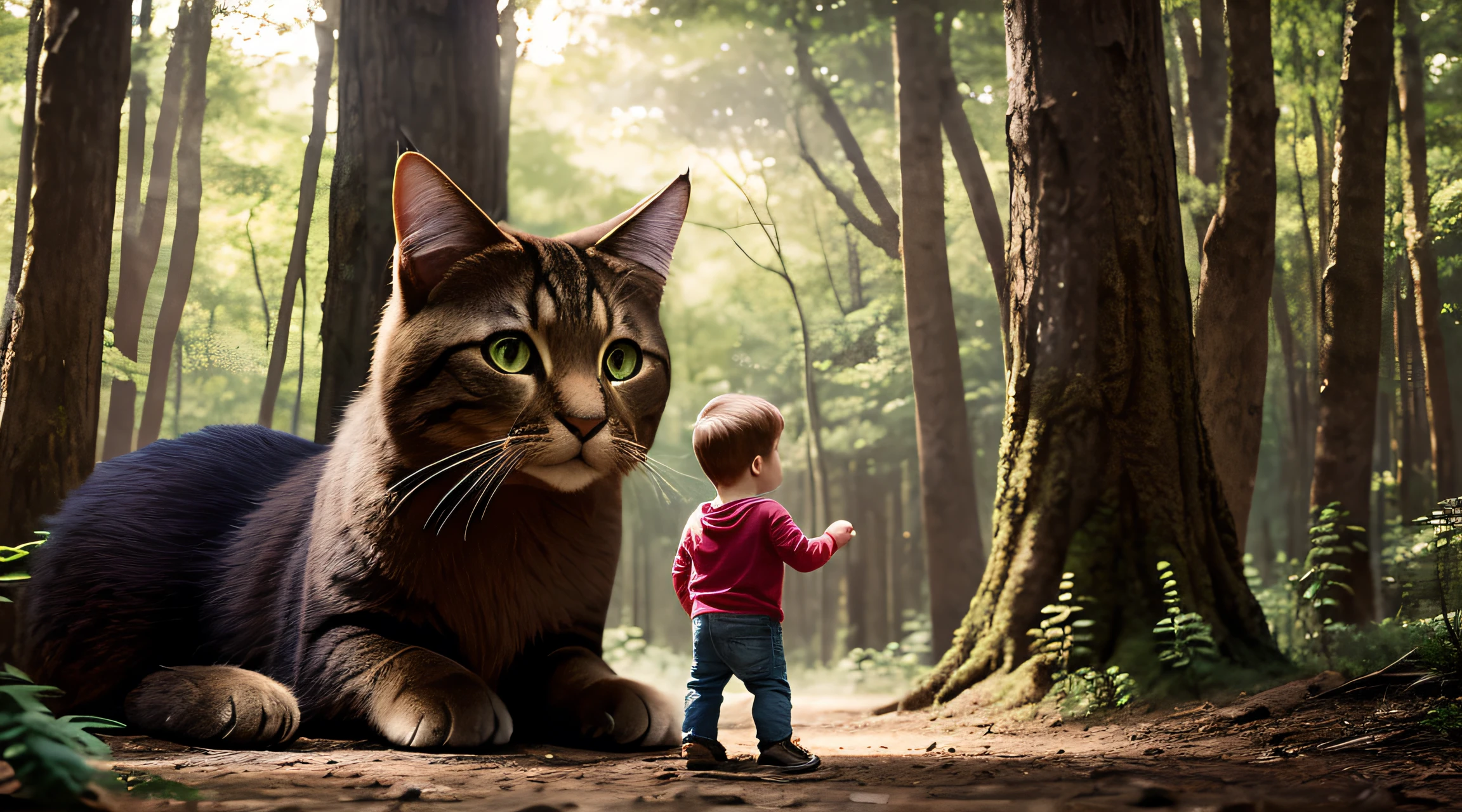 at a forest,A cute giant cat(On your stomach)Look at the little boy in front of you,(photorealestic),tmasterpiece,High quality graphics,8K,A high resolution,Tyndall rays,depth of fields