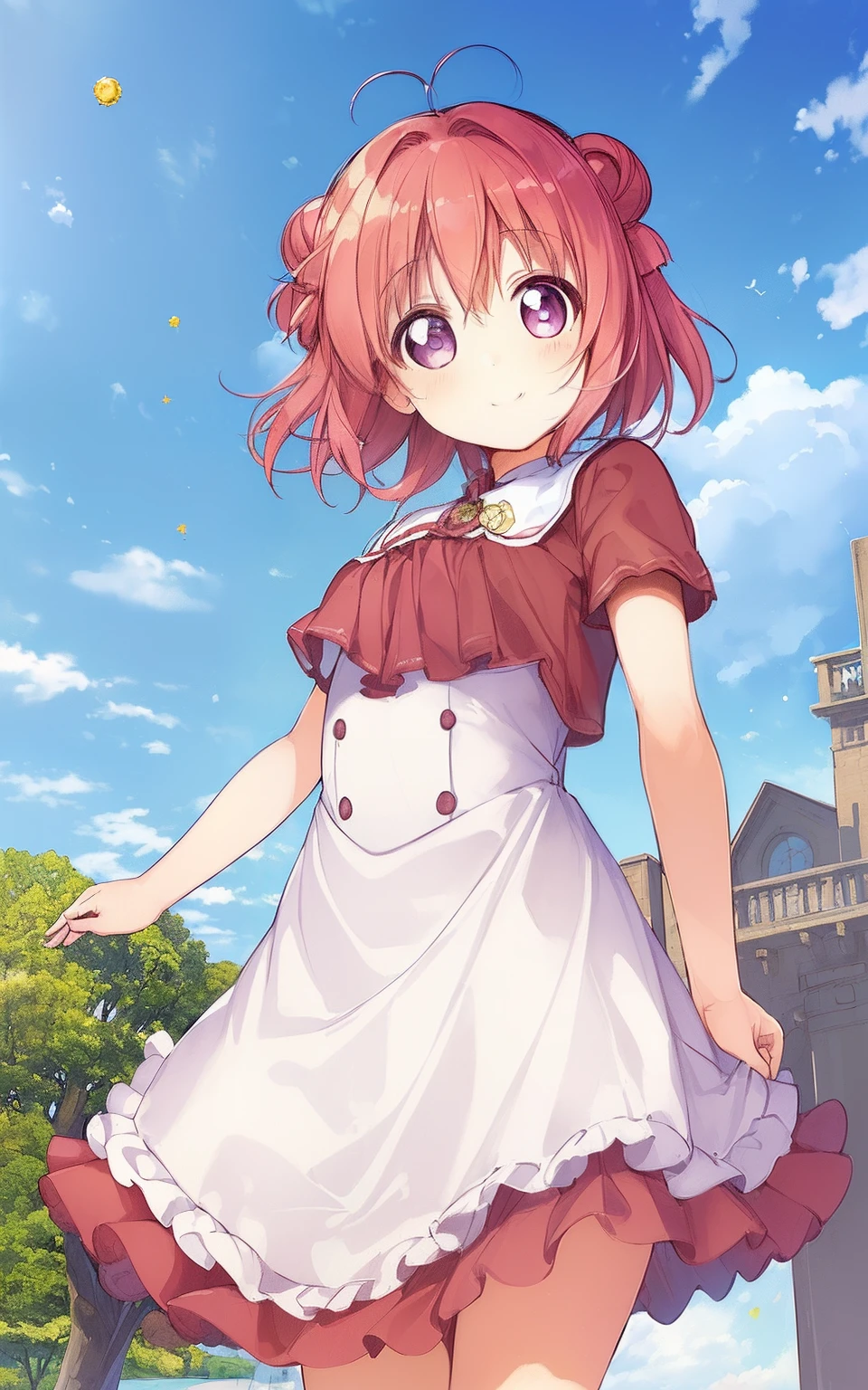 ((masterpiece)),(((bestquality))),((ultra-detailed)),((illustration)), ((disheveledhair)), {extremely detailed},  (akari feature),  outdoors, blue sky, detailed background, cloud, smilling, flush