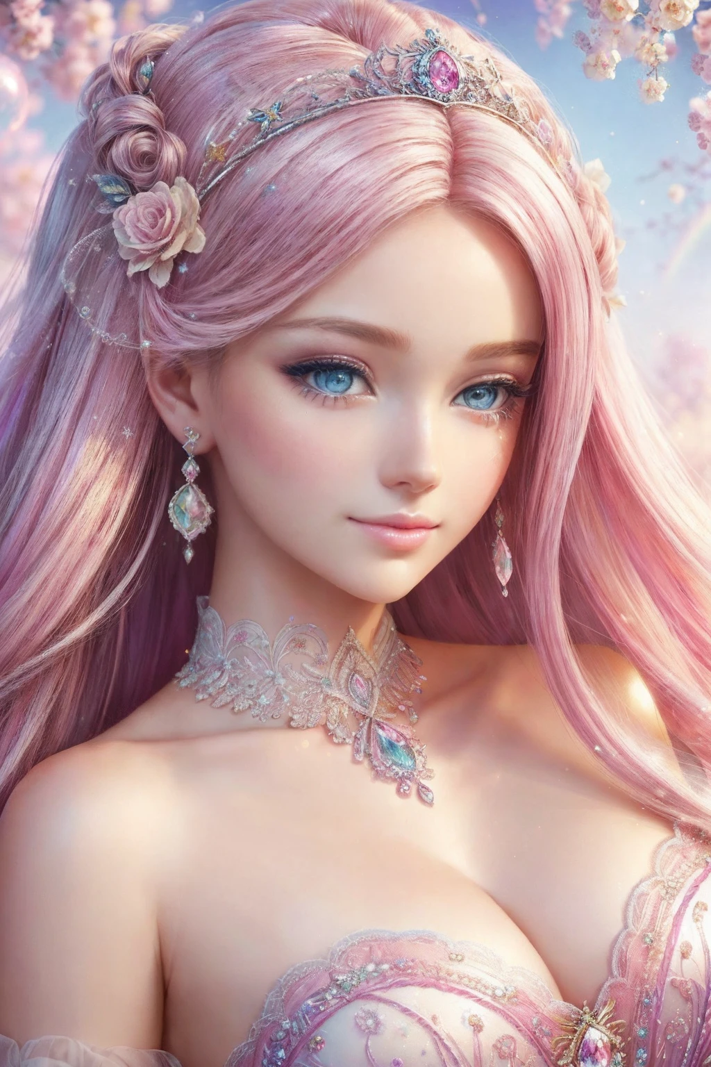 ((Masterpiece)). This artwork is sweet, Dreamy and ethereal, (Barbie pink background:1.5),barbiecore,A princess,cabellos largos dorados,Kizi,Delicate face, Soft pink watercolor toned candy accent,(Bubblegum world with a variety of pastel shades). Her sweet face is extremely detailed and realistic,Elegant facial features,Sweet, Highly realistic eyes,Sweet smile, Highly detailed, And beautiful. HD and detail, Contains a lot of detail,Colorful bubbles, Colorful petals, Stars and colorful bubble gum bubbles,fantastic details, Enhanced detail, rainbowing, Colorful sparkling wind,Beautiful and realistic details,The images are dreamy and ethereal.8K, Intricate, elegant, Highly detailed, Majestic, Digital photography