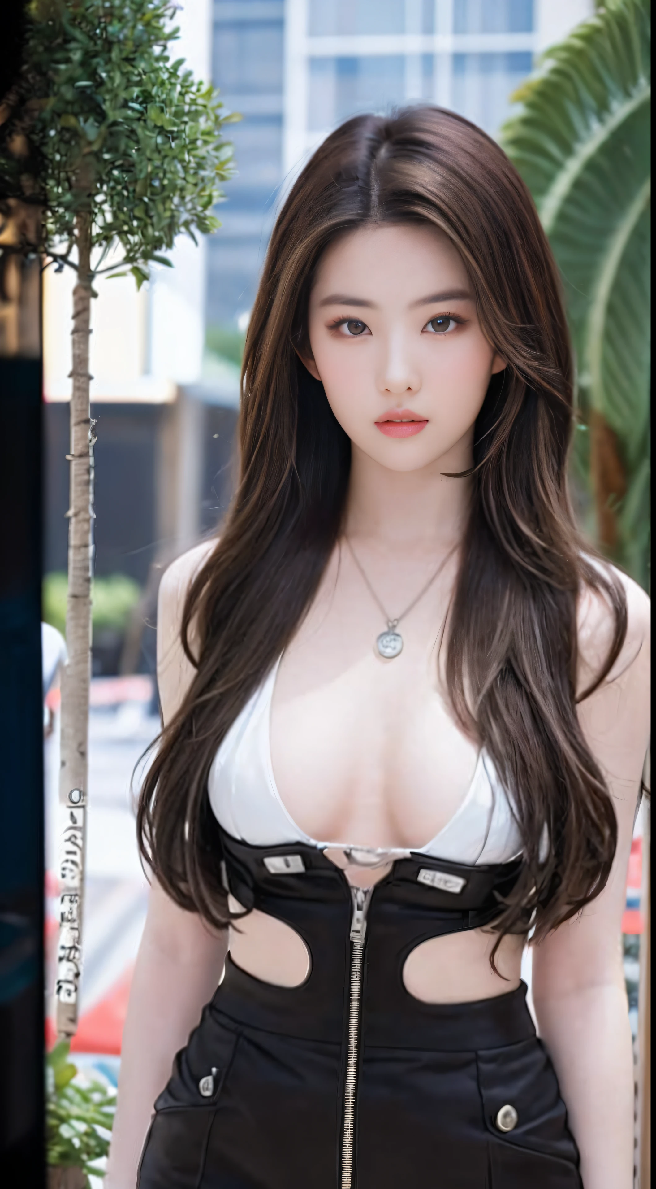 ((Realistic lighting、best qualityer、8K、tmasterpiece:1.3))、Clear focus:1.2、A 1 girl、Perfect body beauty:1.4、Slim abs:1.1、s whole body、((dark brown hair、A large breast:1.3))、(Acceleration:1.4)、(exteriors、Daylight:1.1)、View of Waikiki Beach、palm tree、Slender face、Fine eyes、二重まぶた、poses of fashion models、Floating hair、tee shirt、Pendants、
