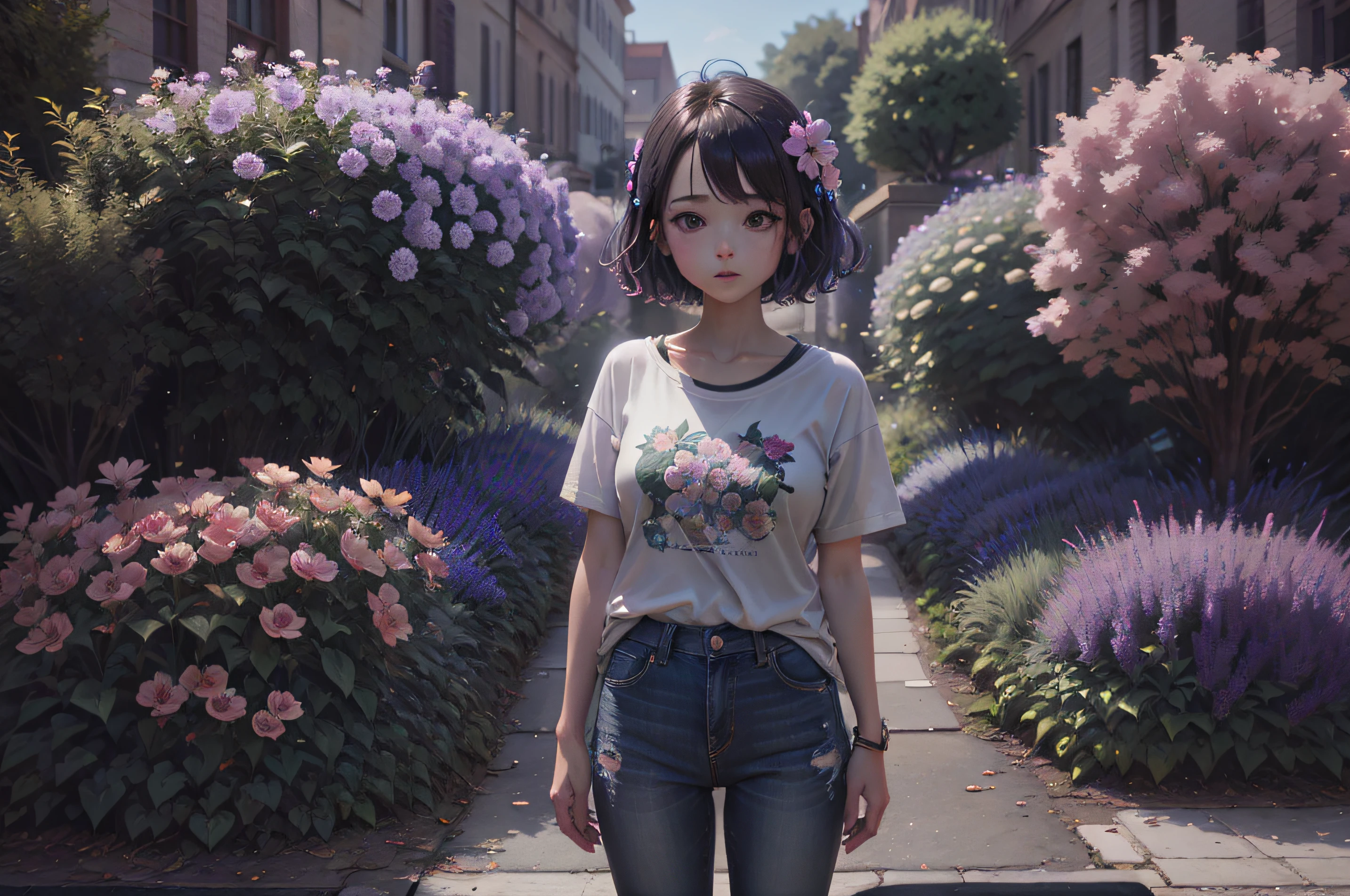 1girl in,Jean,tshirts,flower,garden