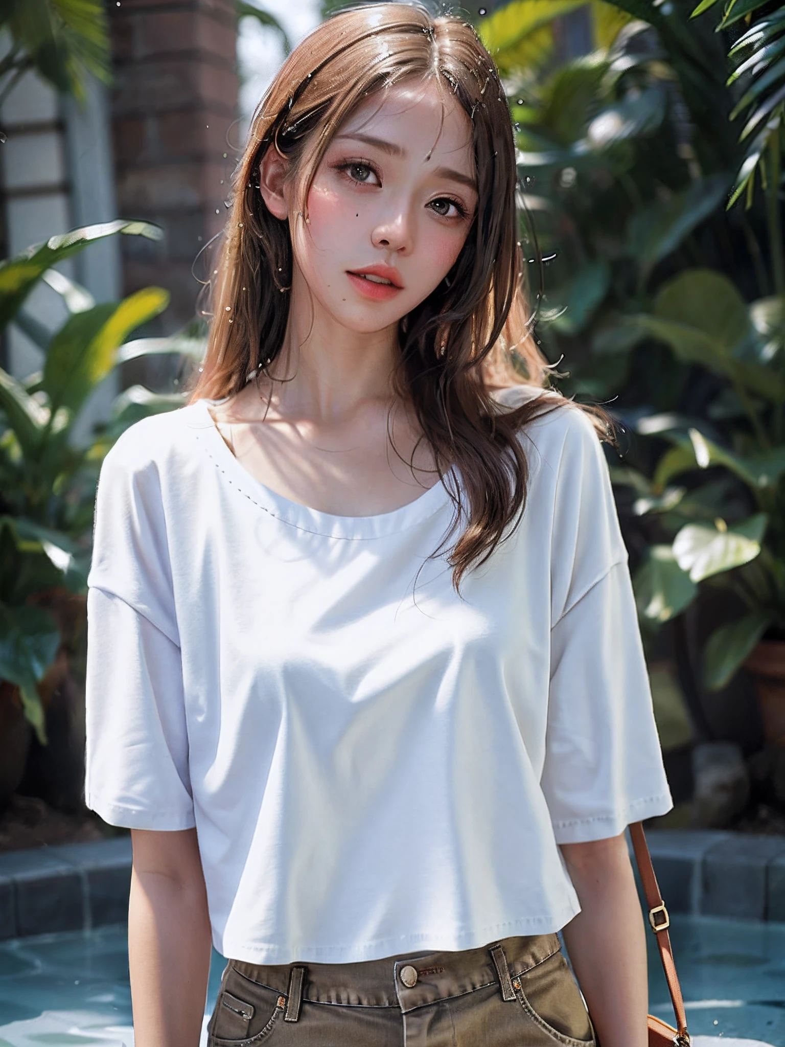 (best quality,hyper-realistic,ultra-detailed,8k), teenager, , shy, sad, paleness, big blue eyes, very white skin, small nose, very short brown hair with bangs, melancholy, delicate, feminine, skinny, garden of thousand White roses, ponytails hairstyle, summer t-shirt, short blue jeans, fountain, Sunny day, brilliant colors.