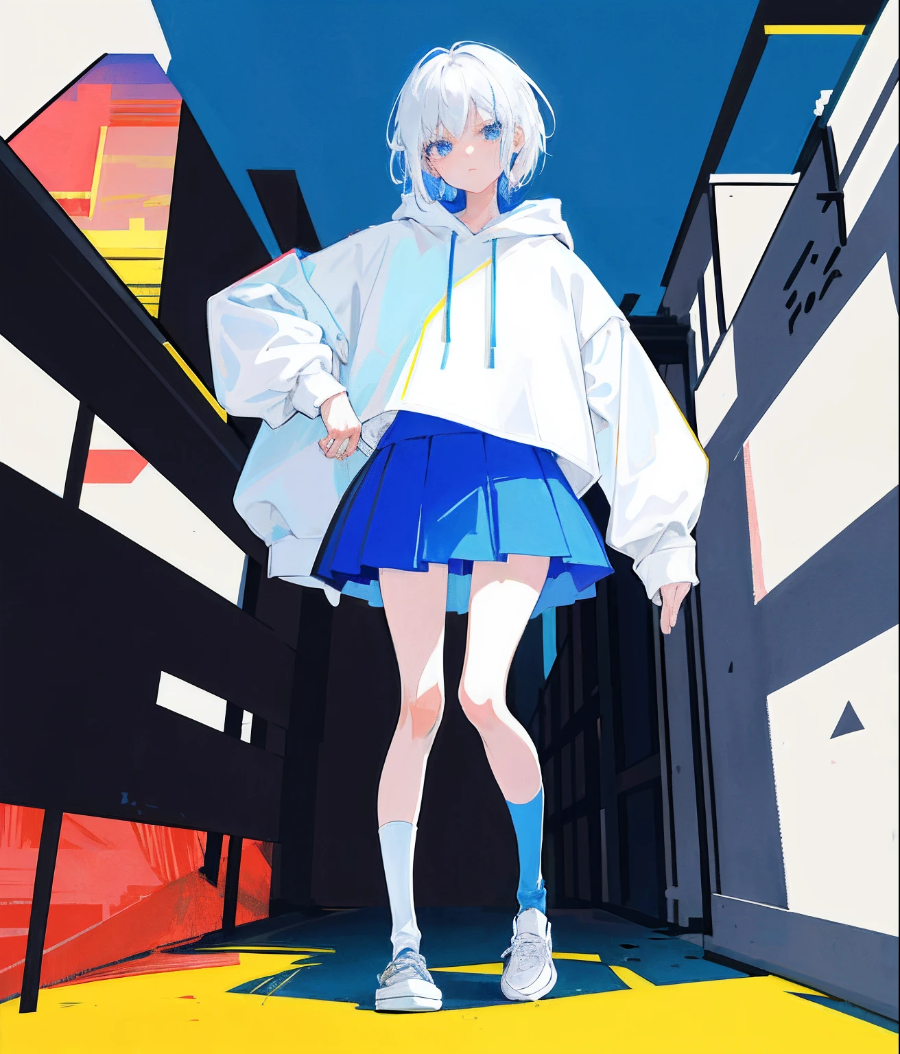 (Flat color:0.9),(Colorful:1.1),(Masterpiece:1,2), Best quality, Masterpiece, A high resolution, Original, extremelydetailedwallpaper, A Japanese girl，White hair，short detailed hair，Loose sweatshirt，short  skirt，Look sideways ahead，Long, thin legs，White grandpa shoes，leg loops，Blue-blue eyes，Lazy and lazy，