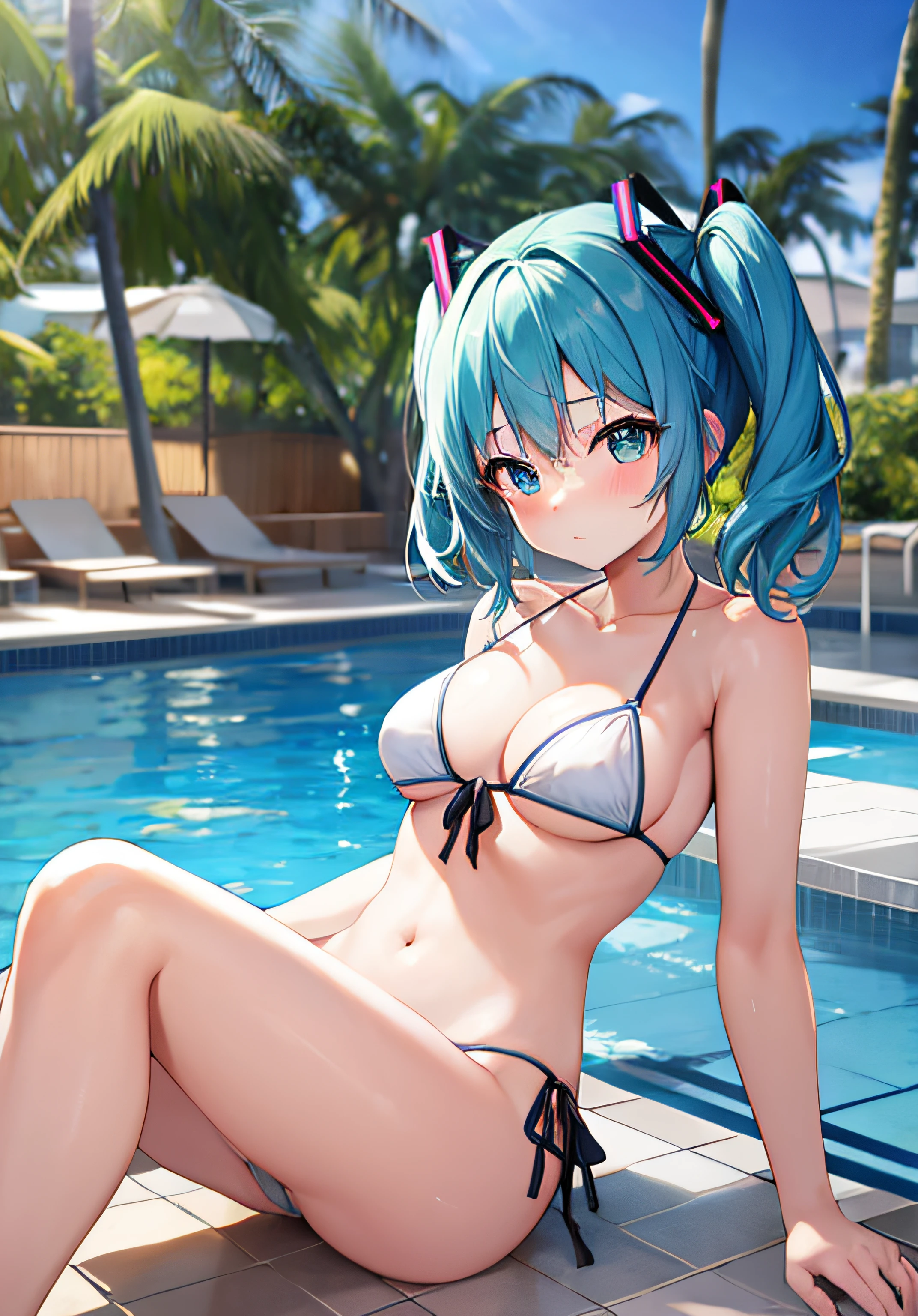 ​masterpiece、Top image quality、超A high resolution、nsfw、miku hatsune、blue hairs、Twin-tailed、Short hair、Blushing、Embarrassing appearance、White string bikini、Fashionable string bikini、Open your legs wide、in poolside、resort hotel