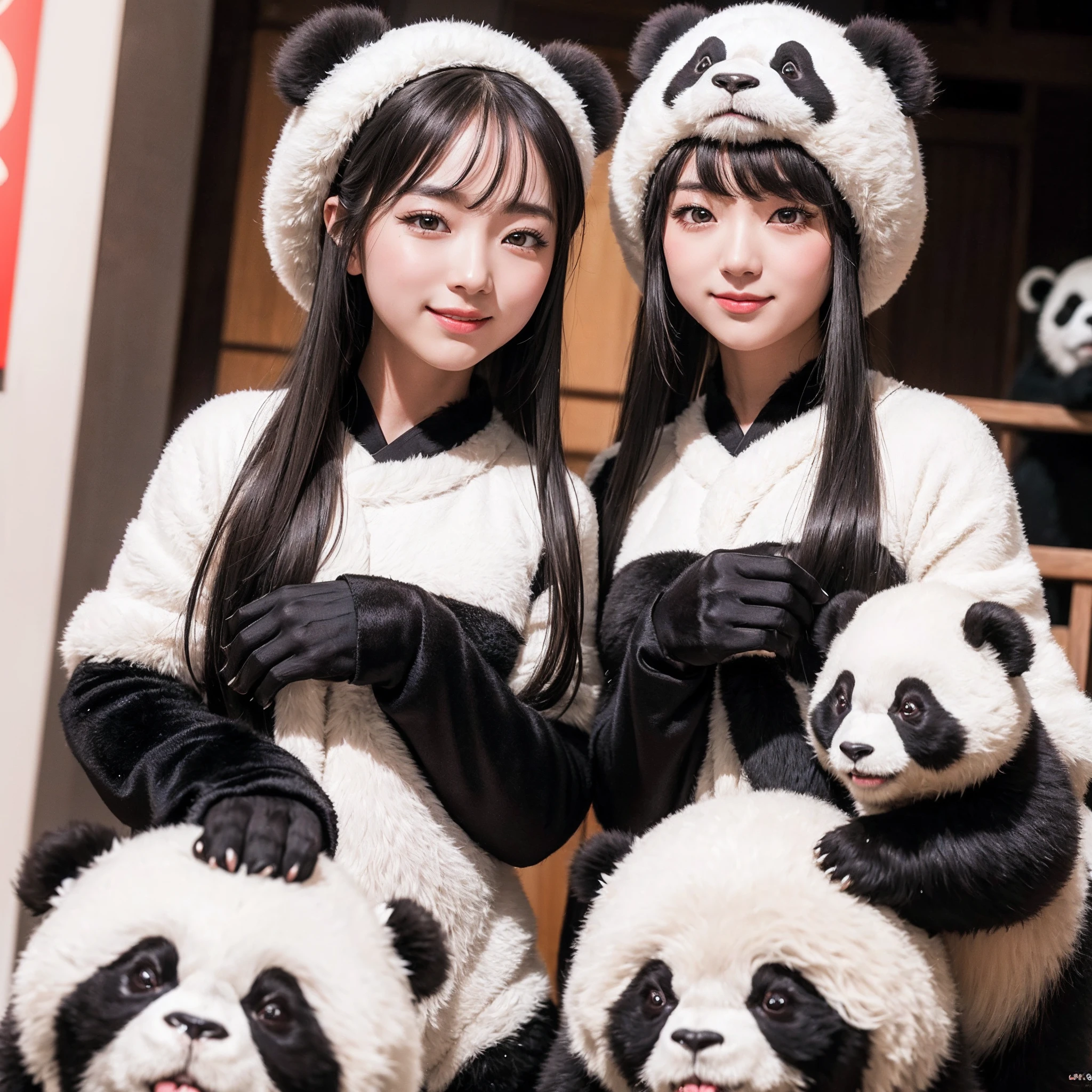 (8K、RAW Photos、top-quality、masterpiece:1.5)、(realisitic、Photorealsitic:1.5)、ultra-detailliert、超A high resolution、lighting like a movie、(((Idols who love pandas)))、(((Japan girls)))、(((Wearing cute costumes with panda motifs)))、(Lots of pandas:1.5)、cute smile face、Happy and energetic atmosphere、dynamic ungle、动态照明