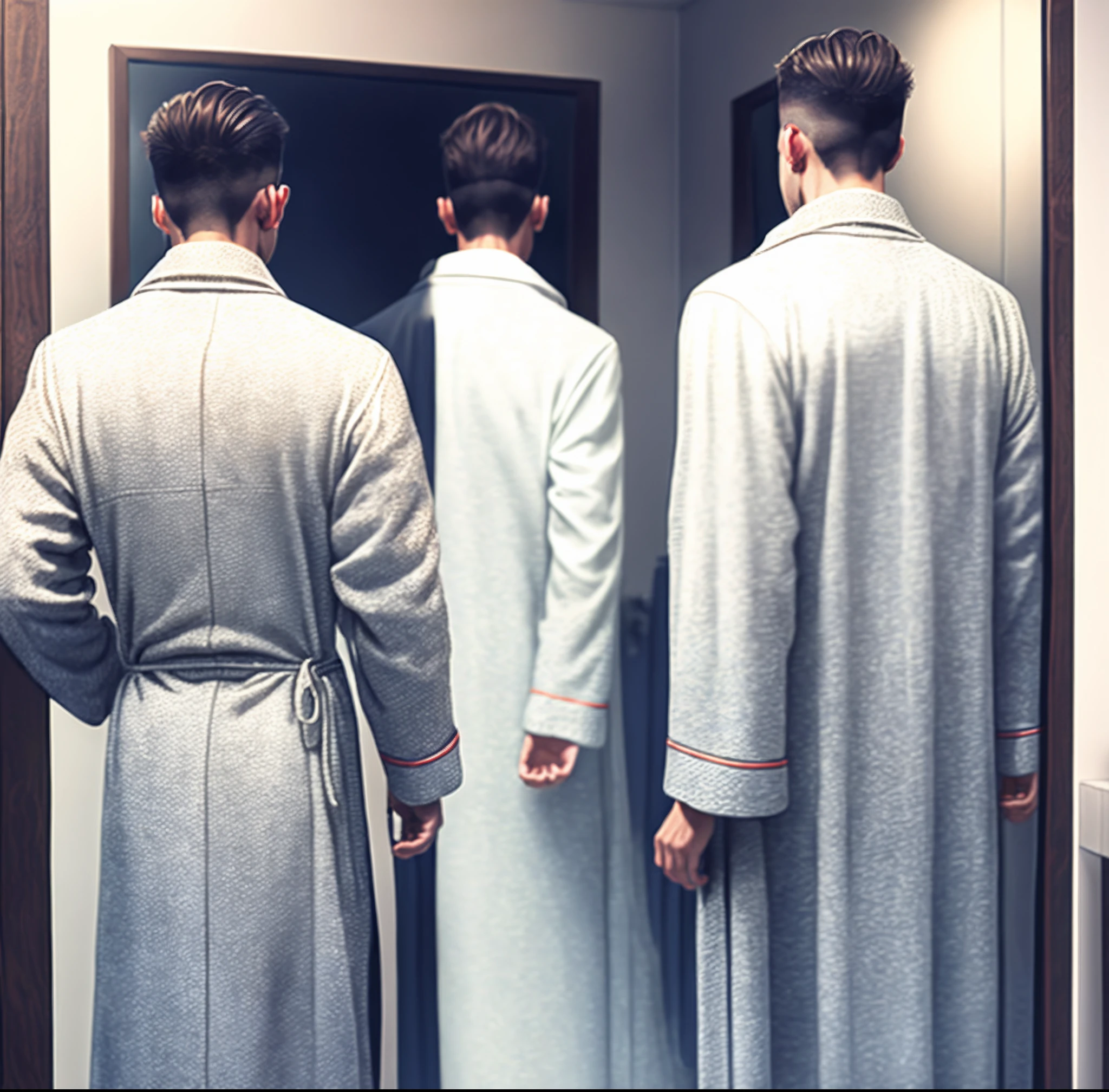 A man in a dressing gown looking in the mirror can only see his back