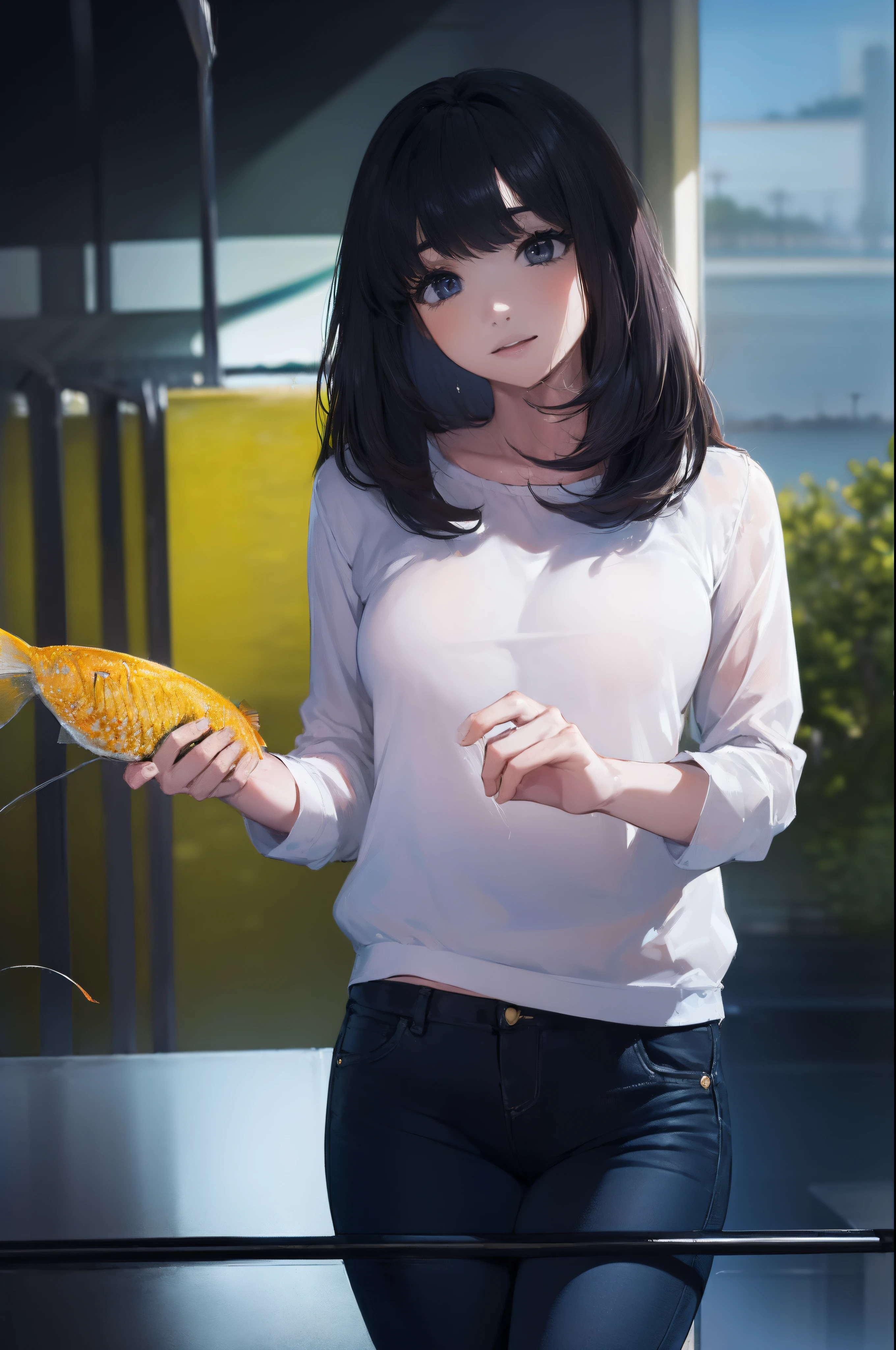 ((((catching a big fish by the lakeside:1.5)))),((Female 28 years old)),((Best Quality:1.5)),(((Hands with the correct number and structure of fingers:1.4))),((Big fish:1.37)),hight resolution,ultra-detailliert,masterpiece,best qualtiy,(Eight-headed body),Black hair, long eyes-lashes, Solid Circle Eyes, drop shadow, Atmospheric perspective,Super Detail, ccurate, small brest,(Black jacket and black jeans :1.1),top-quality, blurry backround, bokeh dof:1.2, (masterpiece:1.3), Atmospheric perspective,Super Detail,dynamic compositions,