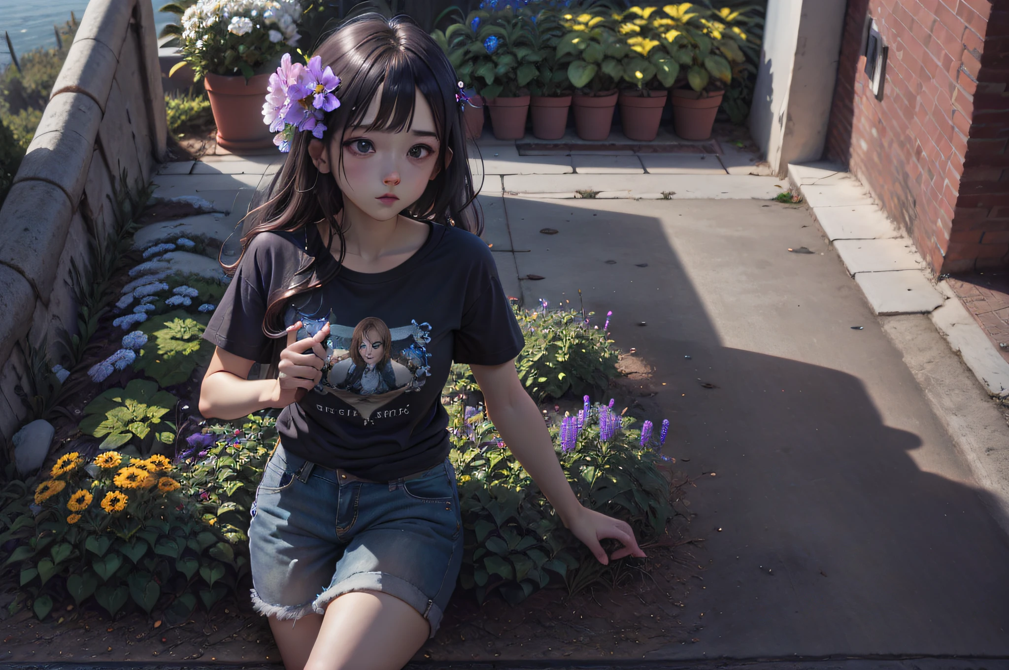 1girl,Jean,t shirt,flower,garden