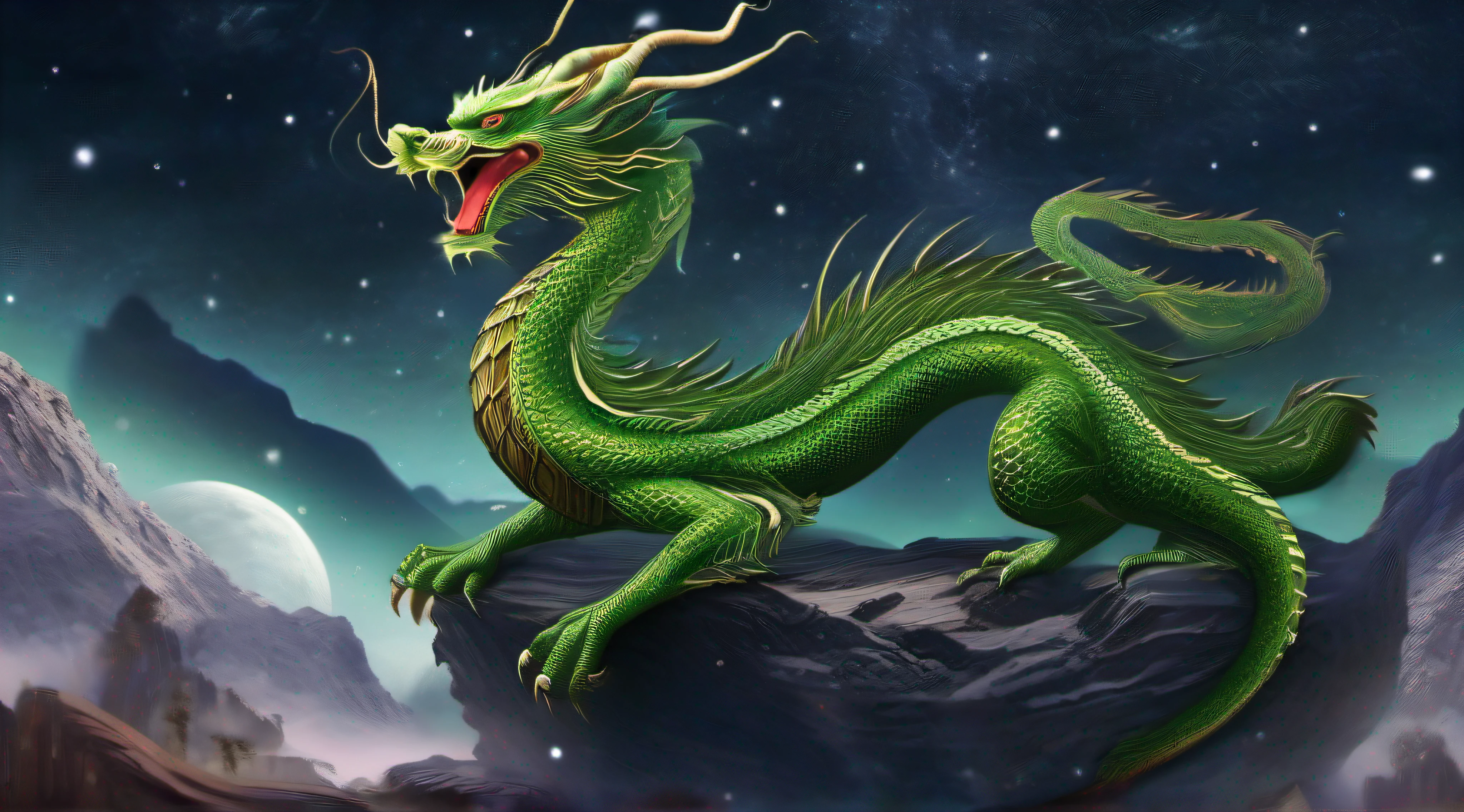 Green Traditional Chinese Dragon, wrapping its body on a planet, black starry university in the background