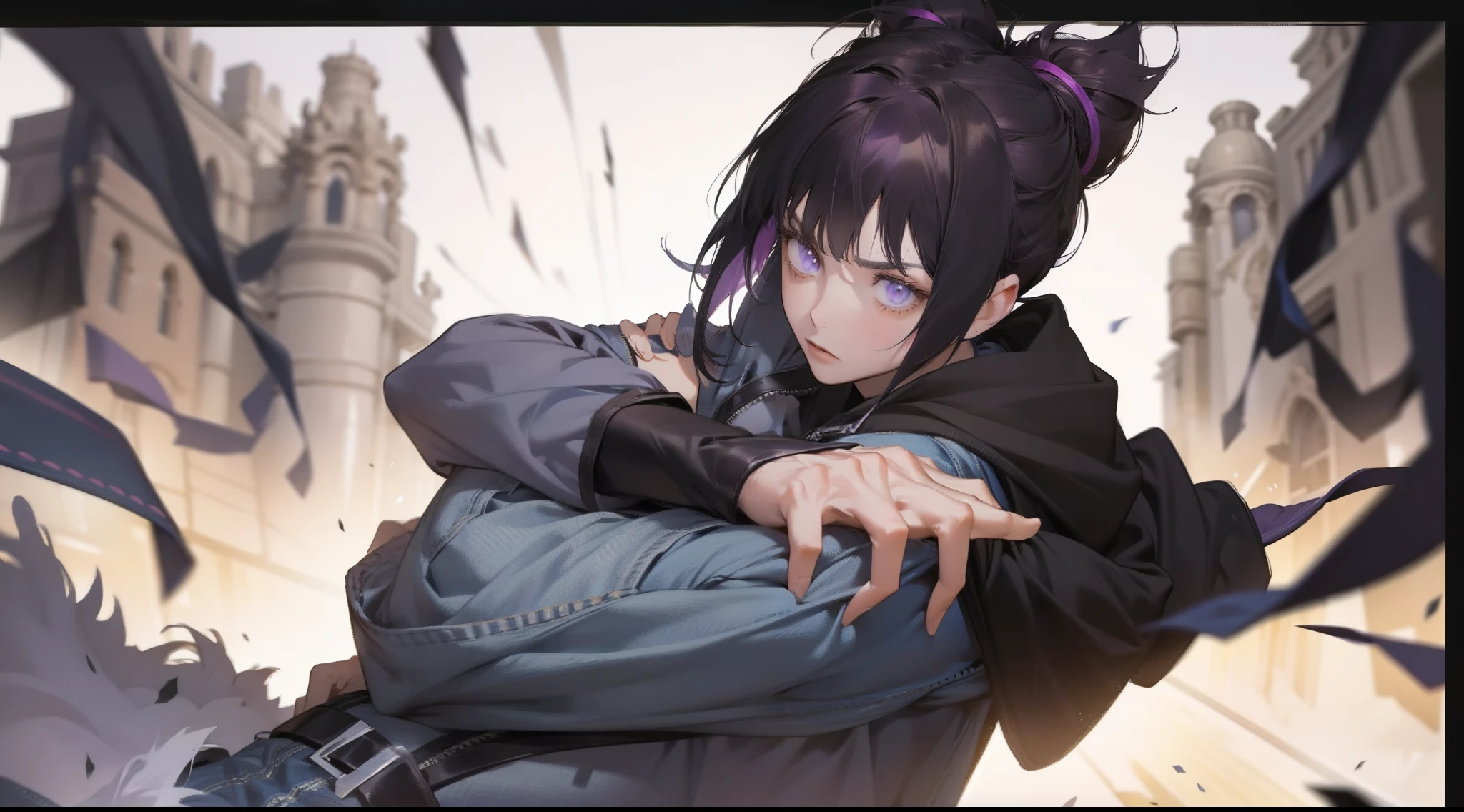 {{{{ masterpiece }}}},{{{{ 4K }}}},{{{{ badass anime 8 k }}}}, {{{{{{{{ Purple Ponytail }}}}}}}}, {{{{{{{{ black hoodie oversize }}}}}}}}, (( short jean ))