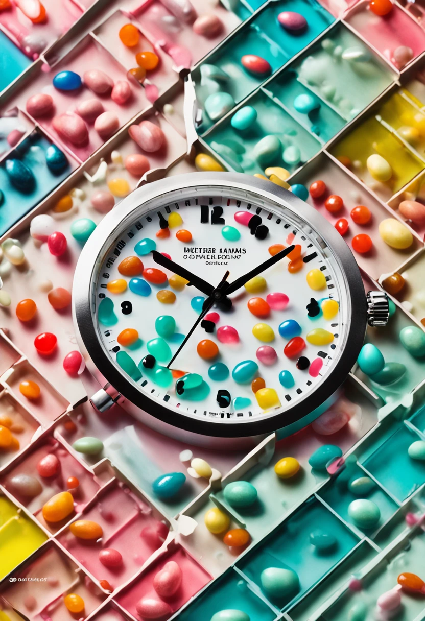watch: top-down cinematic fine art photoshot professional studio, inside-visible transparent vinyl watch made of translucent glass, full of colurful small jelly beans inside, high refractive index, frosted glass, pastel colors with a pale yellow accent highlight, in style Dieter Rams illustrator --ar 2:3 --v 5.1 --q 2