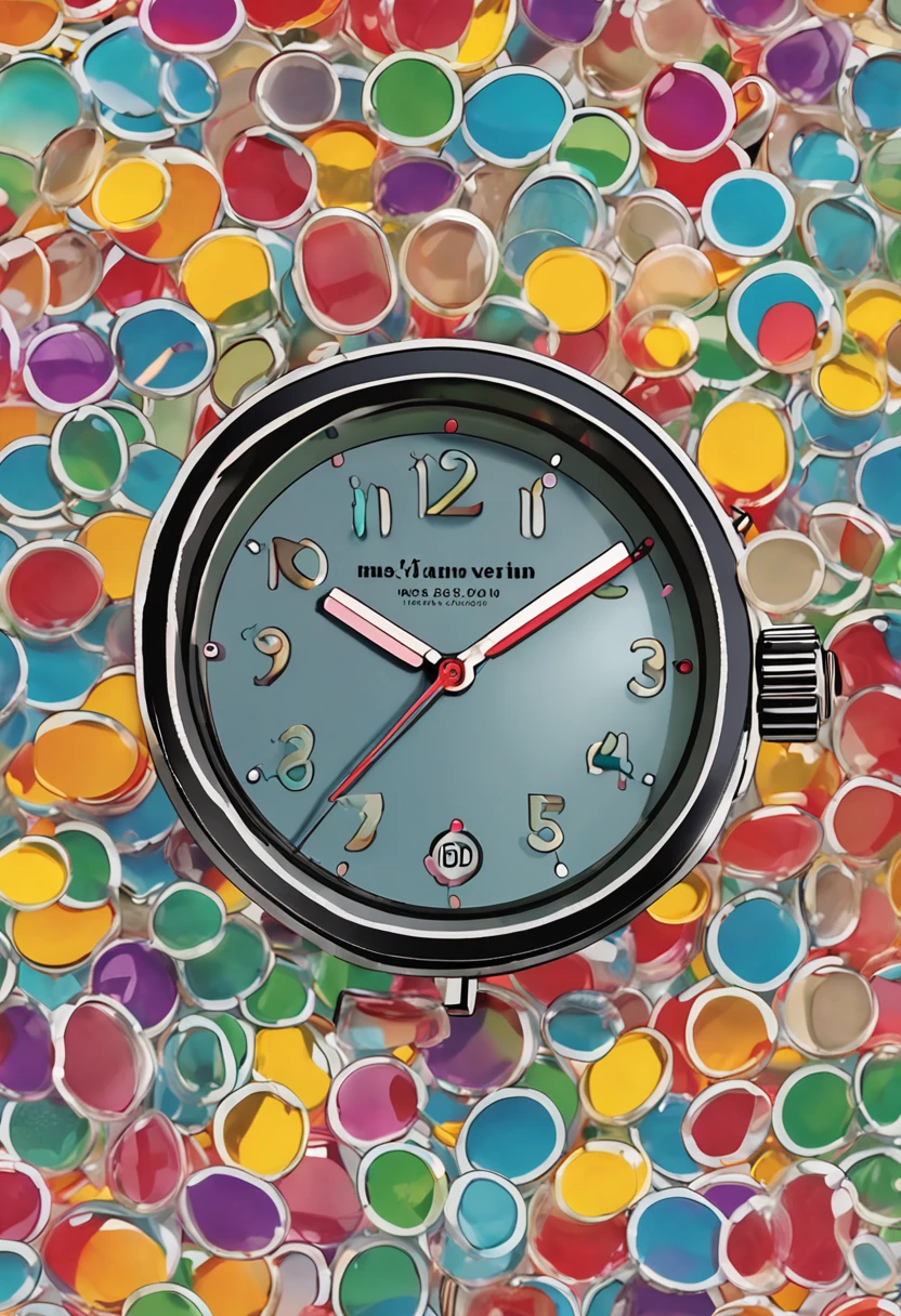 watch: top-down cinematic fine art photoshot professional studio, inside-visible transparent vinyl watch made of translucent glass, full of colurful small jelly beans inside, high refractive index, frosted glass, pastel colors with a pale yellow accent highlight, in style Dieter Rams illustrator --ar 2:3 --v 5.1 --q 2