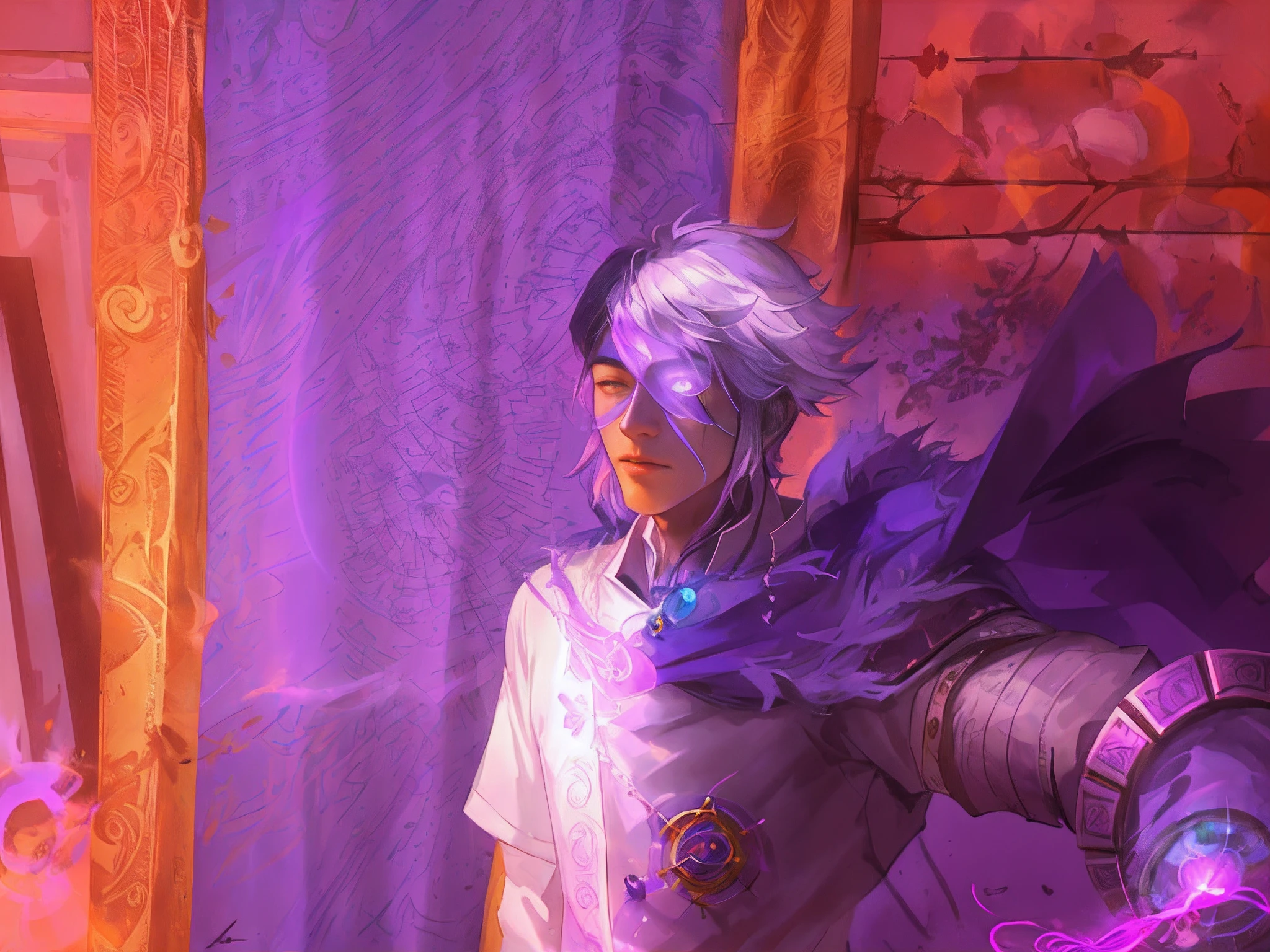 there is a man with a purple mask and a white shirt, transforming into his final form, an arcane wizard casting a spell, portrait of a mage, he is casting a lighting spell, a shaman holding up the universe, closeup portrait of an mage, antimage, inspired by Kailash Chandra Meher, portrait of a digital shaman