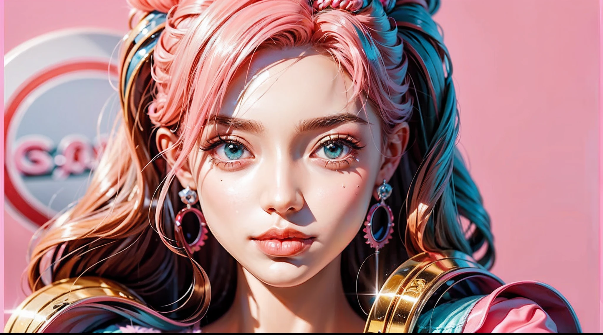 (Barbie pink background)),barbiecore,A princess,cabellos largos dorados,Kizi,delicated face,