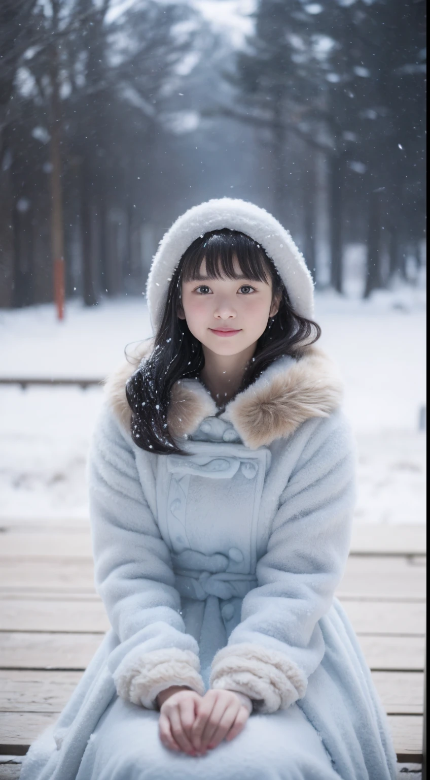 (8K, Best quality, Master, 超高分辨率:1.2) Beautiful photo of a girl in Japan,ssmile, (melancholy winter snow:1.4),(Beautiful vivid Lolita dress),Big wind,(looking toward the viewer),Squat and sit,Long hair,Fur cloak