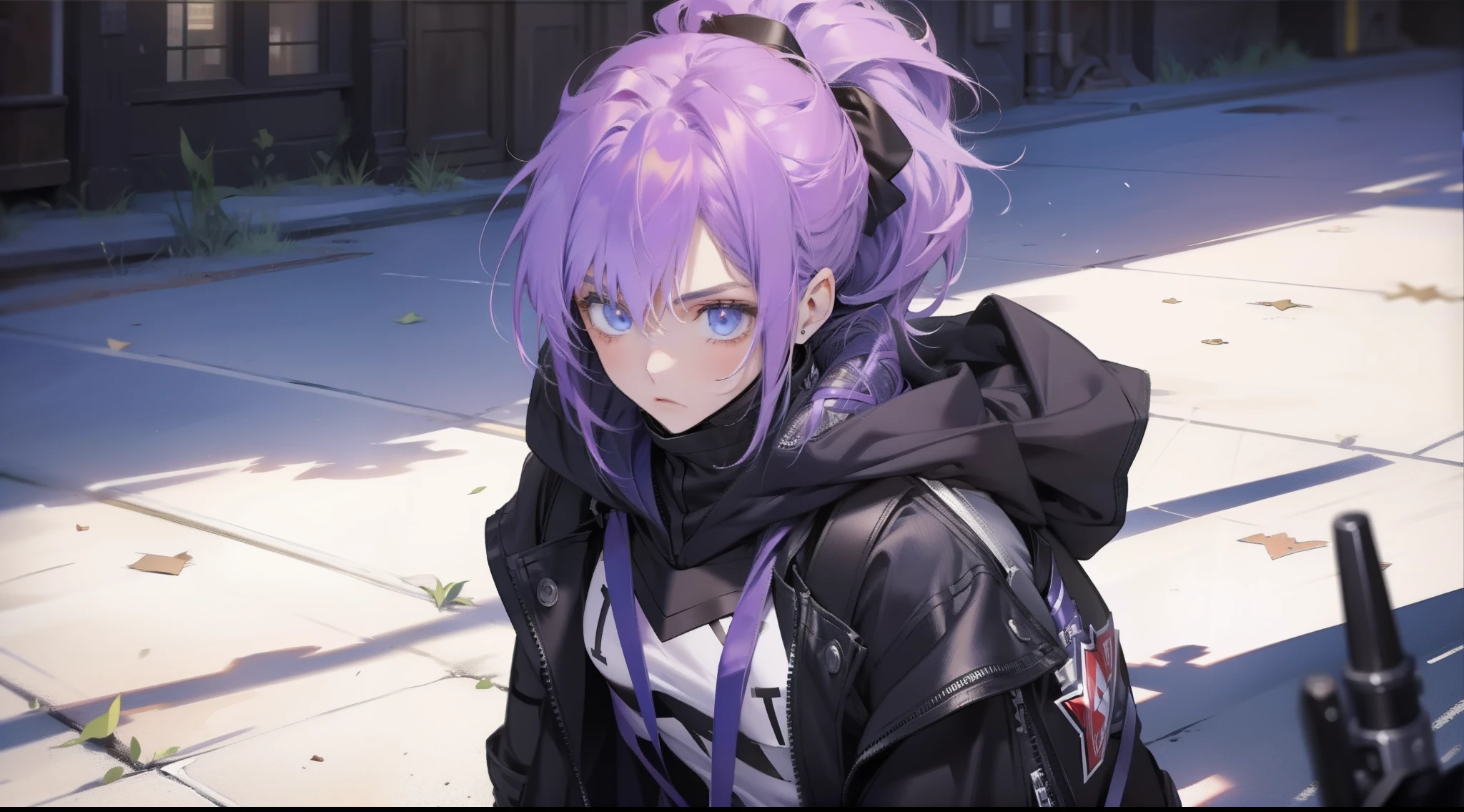 {{{{ masterpiece }}}},{{{{ 4K }}}},{{{{ badass anime 8 k }}}}, {{{{{{{{ Purple Ponytail }}}}}}}}, {{{{{{{{ black hoodie oversize }}}}}}}}, (( short jean ))