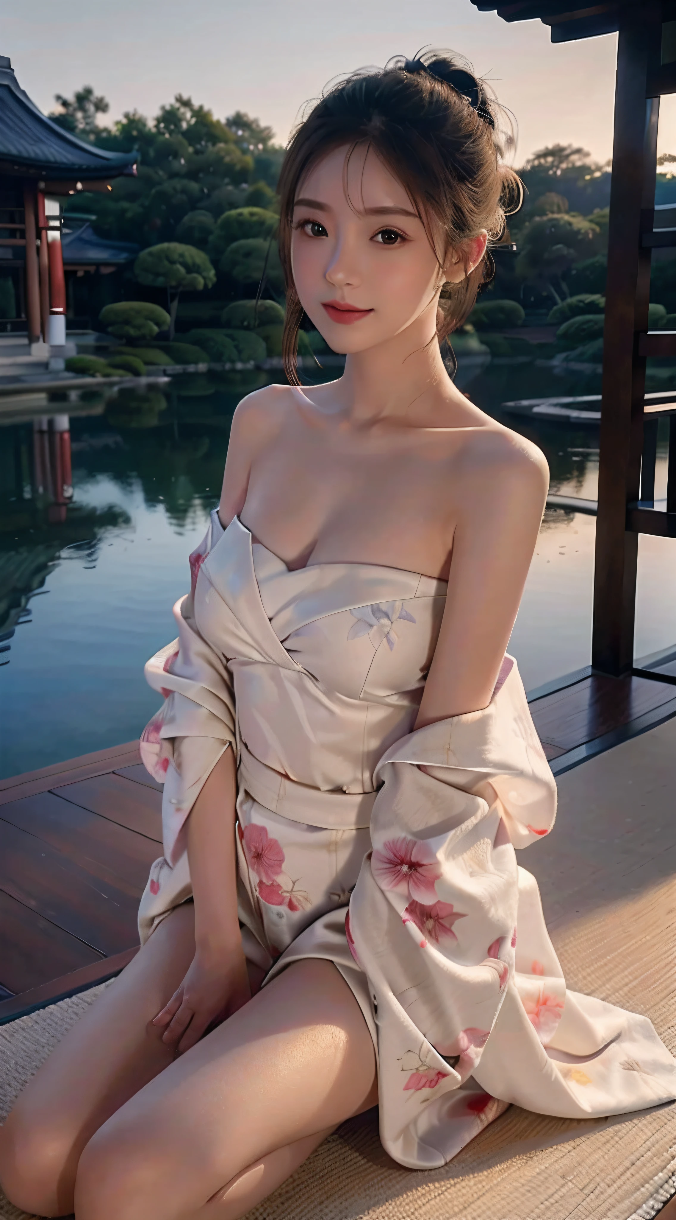(Photorealsitic:1.4), (Top image quality:1.0), (超A high resolution:1.0), 8K, Raw photography, (masterpiece:0.2), (pureerosface_v1:0.5)、(Best Quality Detail:1.2)、realisitic、8K UHD、hight resolution、(1girl in:1.2)、The ultra-detailliert、High quality textures、intricate detailes、detaileds、Very detailed CG、High quality shadows、Detail Beautiful delicate face、Detail Beautiful delicate eyes、depth of fields、Ray traching,1girl in, japanaese girl, Cute, slender, Black kimono, Kimono with Japanese pattern,Floral scrunchie, Beautiful skin, Facing the front,Sit down, Sit upright and say thank you,Align your hands elegantly,Smile faintly The Land of Japan,Japanese garden,Luxury Japanese-style room, skyporn, Magic Hour, (Realistic:1.3), Finely detailed, quality, (masutepiece:1.2), (Photorealistic:1.2), (Best Quality), (Intricate details), Dramatic, Ray tracing, photograph, +Lola