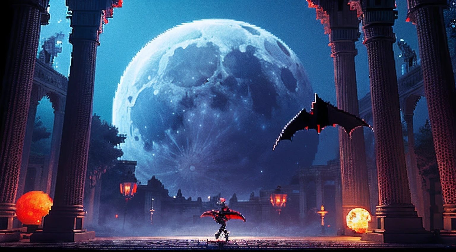 pixel game,scenography,fantastical scenes,Bloody moonlit night,Red Moon,Vampires,the bats,levitating, Pixel art #pixelart