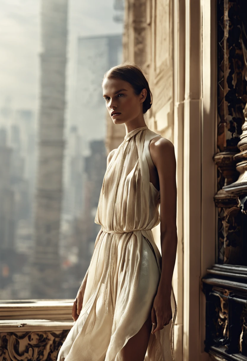Mood: serenity; atmosphere peaceful; fashion photography; Mario Testino; Female Model full body; design dress; ultralight shapes; detailed skin; beautiful eyes; incredible body composition --ar 4:6 --chaos 7 --s 1000 --q 5  --q 2    --s 750 --v 5