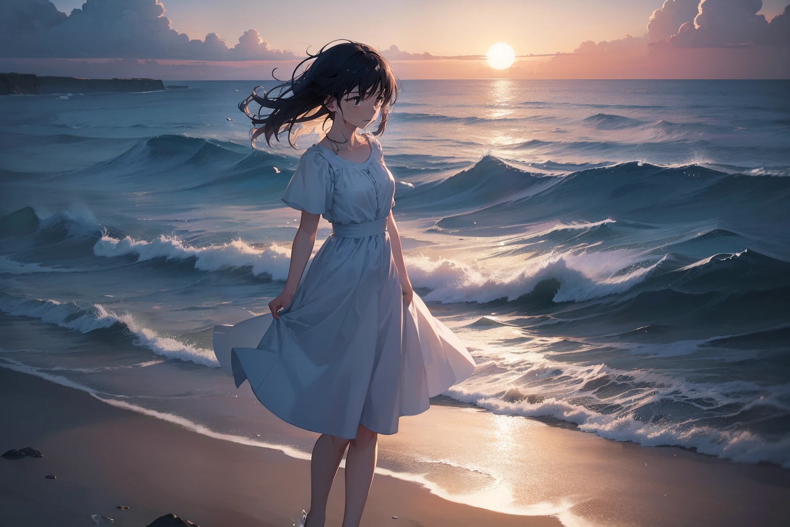Create an exquisite illustration reminiscent of Makoto Shinkai's style, characterized by its superfine detail and top-tier quality. In the evening, a poignant scene unfolds by the sea. A young girl stands at the water's edge, her face twisted in anguish as she screams into the vast expanse of the ocean. Tears flow freely from her eyes, blending with the saltwater as her cries merge with the sound of the crashing waves. The sea and sky are bathed in the warm, ethereal hues of the setting sun, casting a spell of mesmerizing serenity. It's a moment that resonates with a profound sense of nostalgia, where the girl's tears become one with the boundless sea, a timeless expression of her emotions