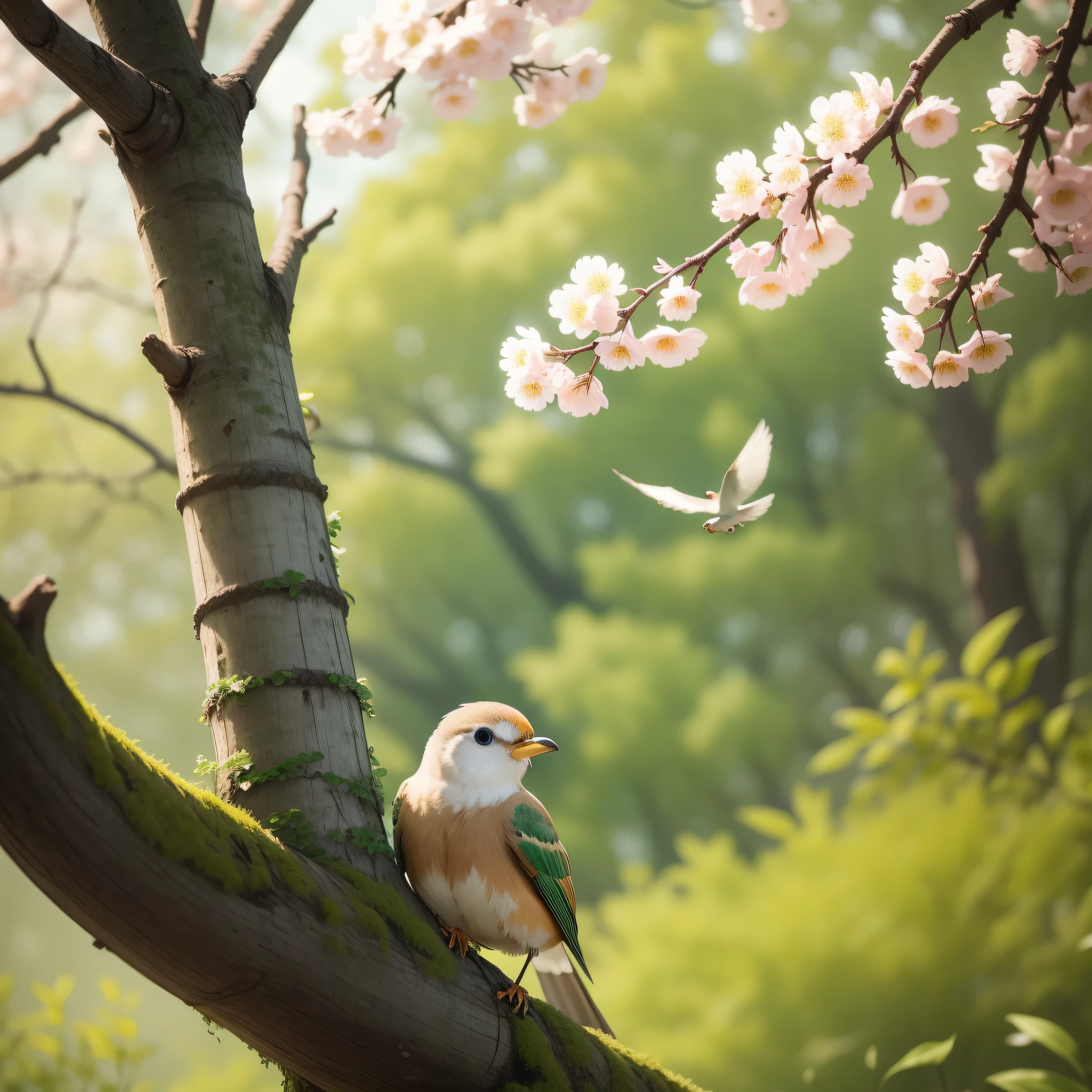 springtime,The tree pulls out new branches,Grows tender green leaves;Small grass came out of the ground,Look around curiously;The bird flies to the branches,Twitter and sing。
