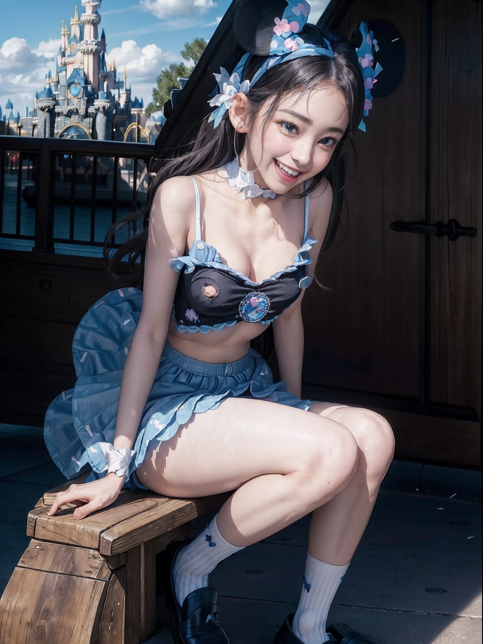 Step Piece, Best Quality,((Realistic, Photorealsitic)), Raw photo, the Extremely Detailed CG Unity 8K Wallpapers, extremely delicate and beautiful, finely detail, Very delicate eyes, Extremely detailed,1 Cute High School Girl,Looking at the camera,(Facing the front),(Poop sitting),(crouching down),(Sit up),(small tits),Beautiful detailed eyes,(grin),(Black eye), (((School uniform,high-school uniform,summer clothing,Uniform fully open,School uniform with open chest,Very short pleated skirt))),(((NSFW,small tits,:1.2,Nipple slip:1.2,pantiy,pantie shot:1.3))),(Right hand is a peace sign),Banzai,(((Open the legs wide in an M-shape))),(Pink papillae),rays of sunshine,Cute,light skinned,(((Bursting smile))),(((Opens mouth and laughs))),(Perfect female figure), Slimed,Slim waist,(Full body), short slightly wavy hair,Brown hair,small nipple,small areola,(((Show me your overturned clothes ))),(White small panties),(Black Mickey Mouse Headband),Frolicking,(((The background is Cinderella's Castle))),(((The background is Disneyland))),(The background is an amusement park),outside of house,Open area,The shoes are black loafers,White no-frills socks,