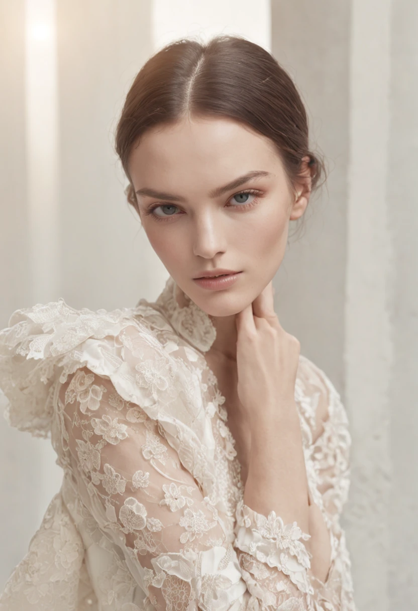 She wears a small cocktail hat on her head. She is a very young, elegant and beautiful 18 year old woman.
She is wearing a slim, see-through, off-the-shoulder, halter-neck dress.
Her hair is long and straight. She is sitting on an antique chair. She is holding a glass of wine in her hand.