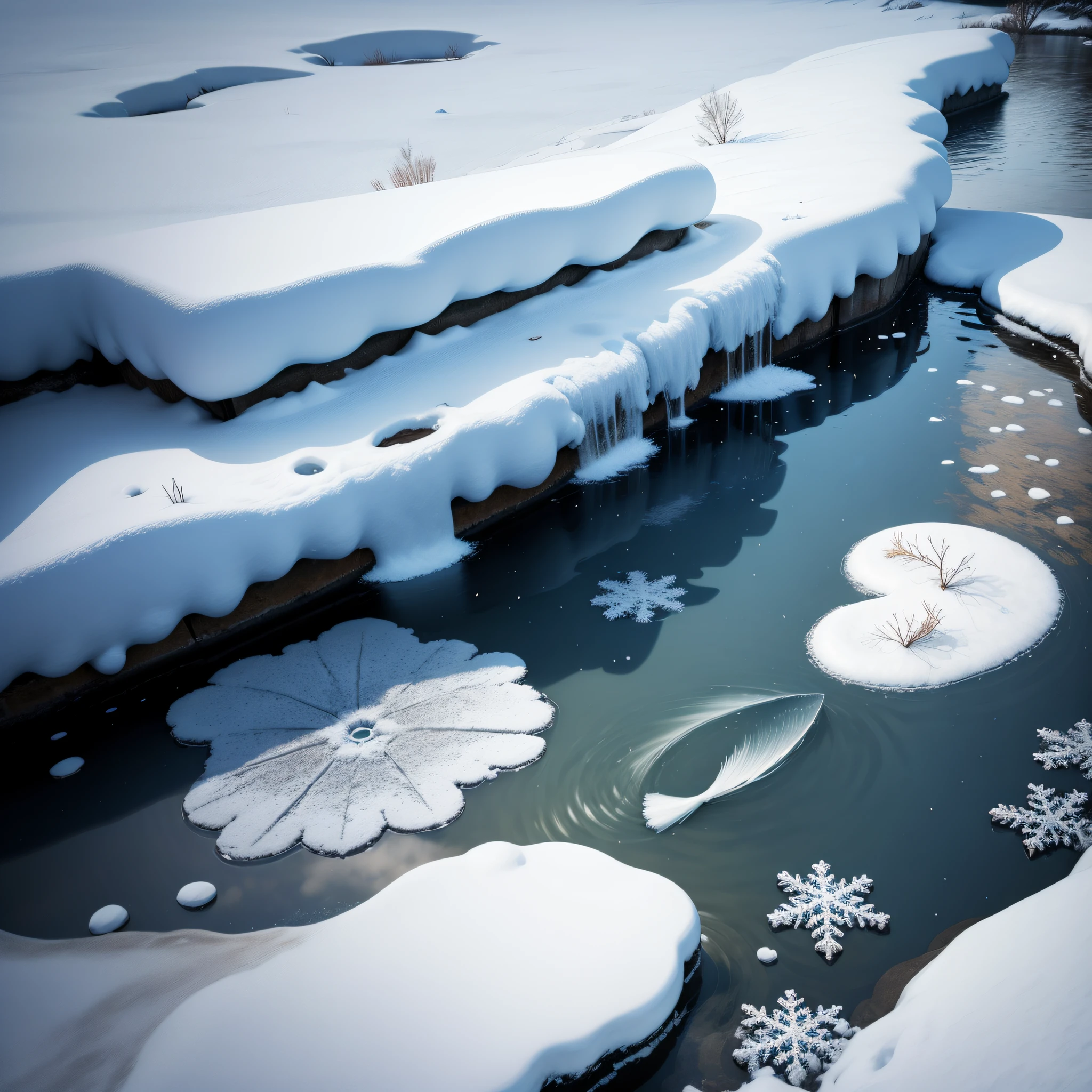 Winters,Snowflakes paint the equipment white,A thick layer of ice formed in the pond,Fish swim around under the water