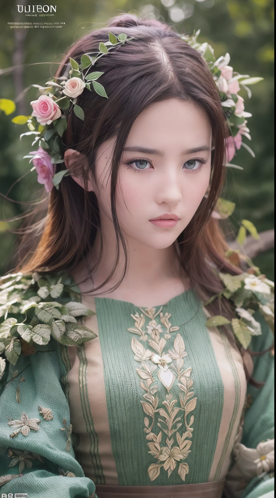 35mm, Incredibly hyper-detailed and intricately realistic, Female, Adult, full body character, Forest nymphs, Adult, Beautiful, Girly, Orange hair, Green eyes, adorned in majestic attire, Flowers in hair, Detailed face, light-skinned, Mature facial features, Garden background, Cover art, an ultrafine painting, lighting, Bar lighting, Resort, 4k resolution concept art portrait.