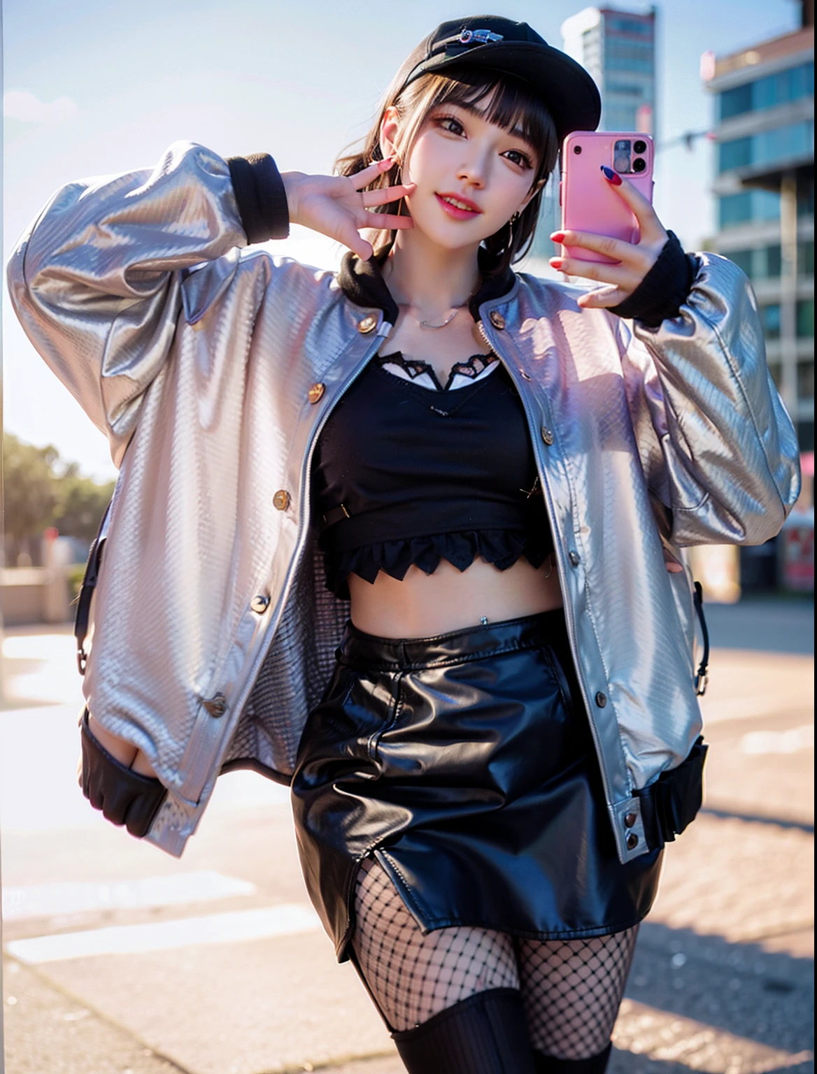 A woman in a skirt and jacket holds a cell phone, portrait of jossi of blackpink, urban girl fanart, clothed non - portrait, realistic portrait full body, Fully clothed. Raised sexy