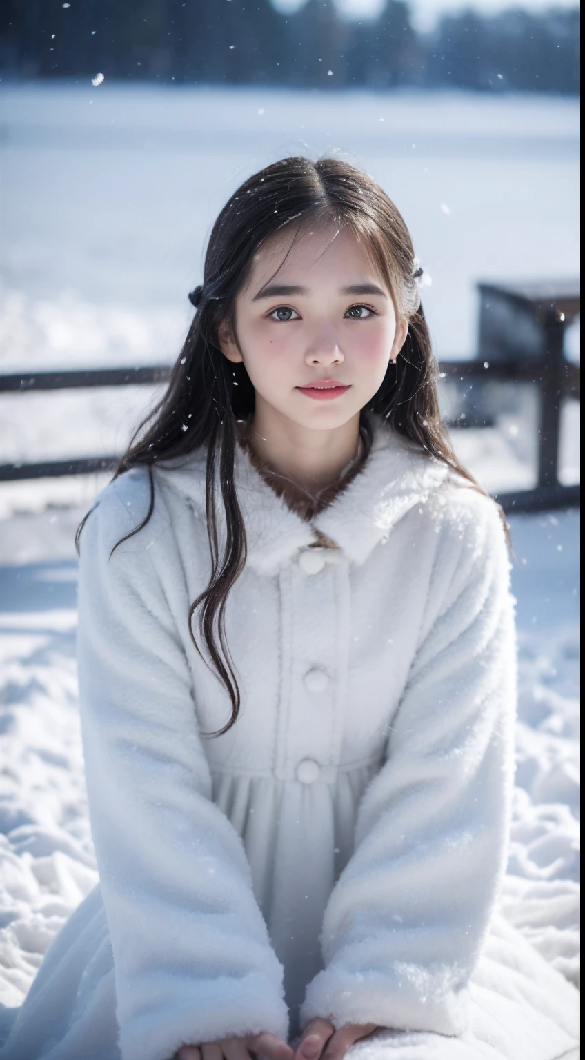 (8K,Photorealistic, high resolution,tmasterpiece), 1 Women, Solo, (Lolita costume,Gorgeous costumes),Face the audience,The upper part of the body,upper legs, beautidful eyes, White hair, ringed eyes, (outside,Heavy snowfall,Thick fur cape,Cover with snow),snowfield,Blue eyes,ssmile,Squat and sit,Illustrations of the highest quality,A meticulous face,Castle,