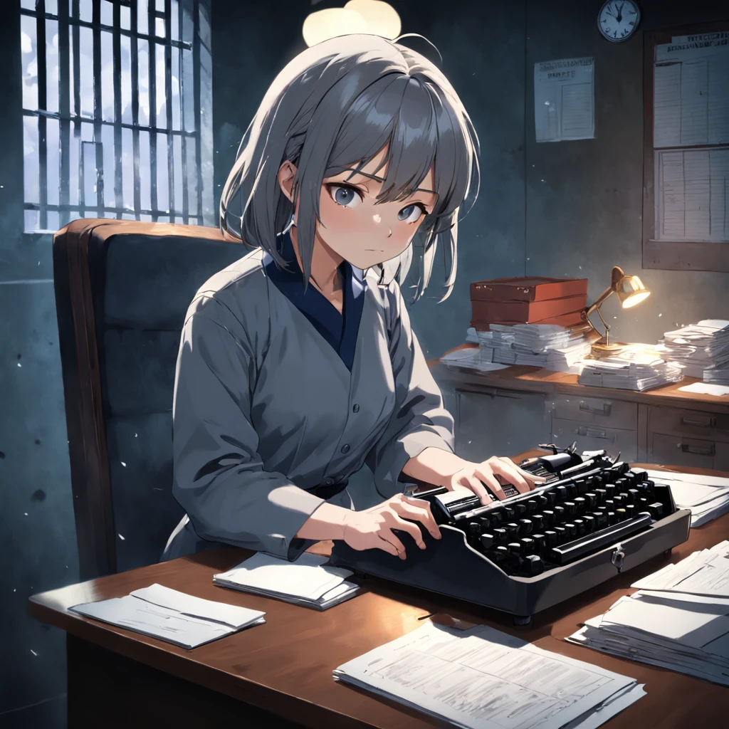 Prisoner office worker gray clothes typewriter