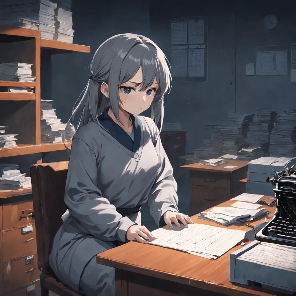 Prisoner office worker gray clothes typewriter