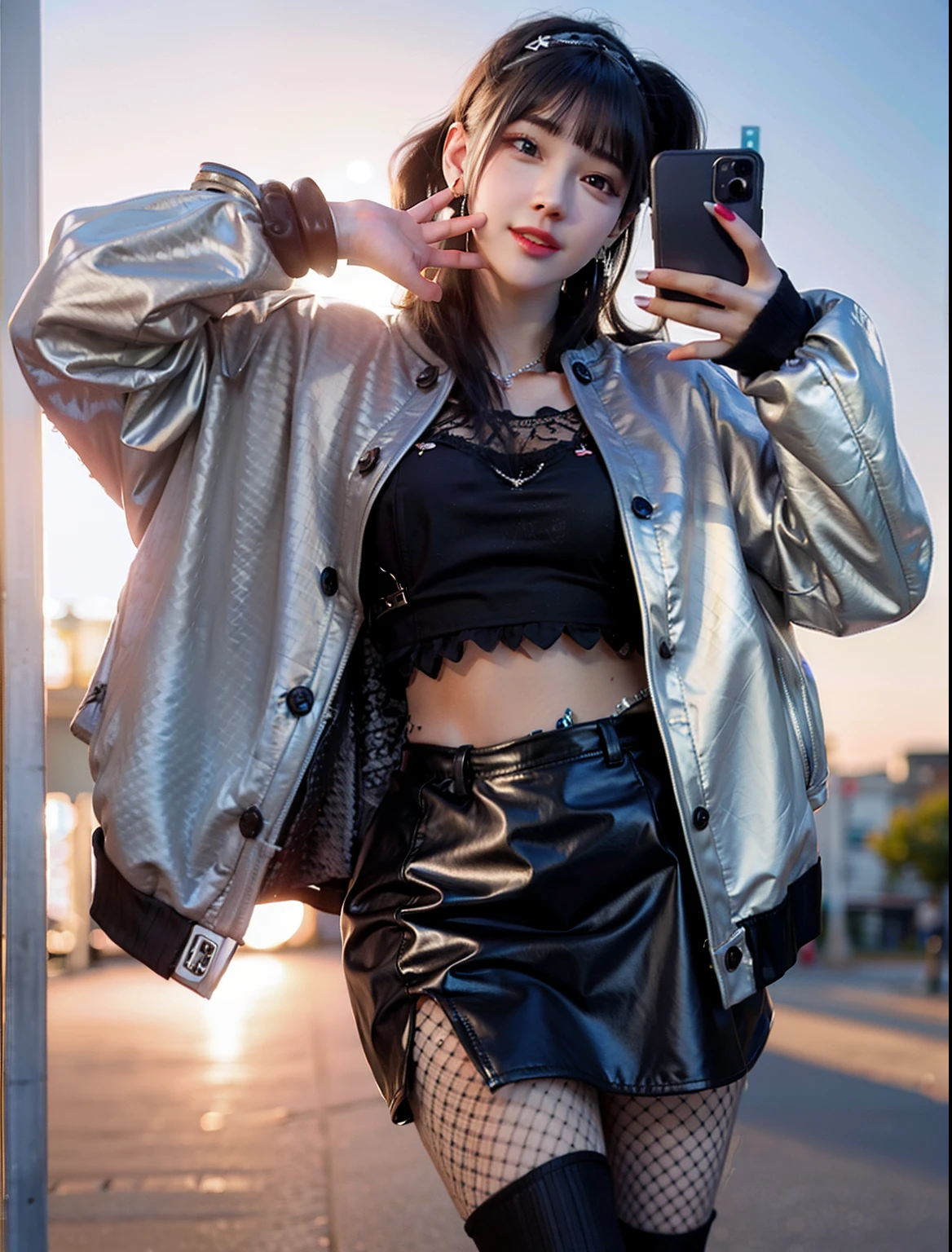 A woman in a skirt and jacket holds a cell phone, portrait of jossi of blackpink, urban girl fanart, clothed non - portrait, realistic portrait full body, Fully clothed. Raised sexy