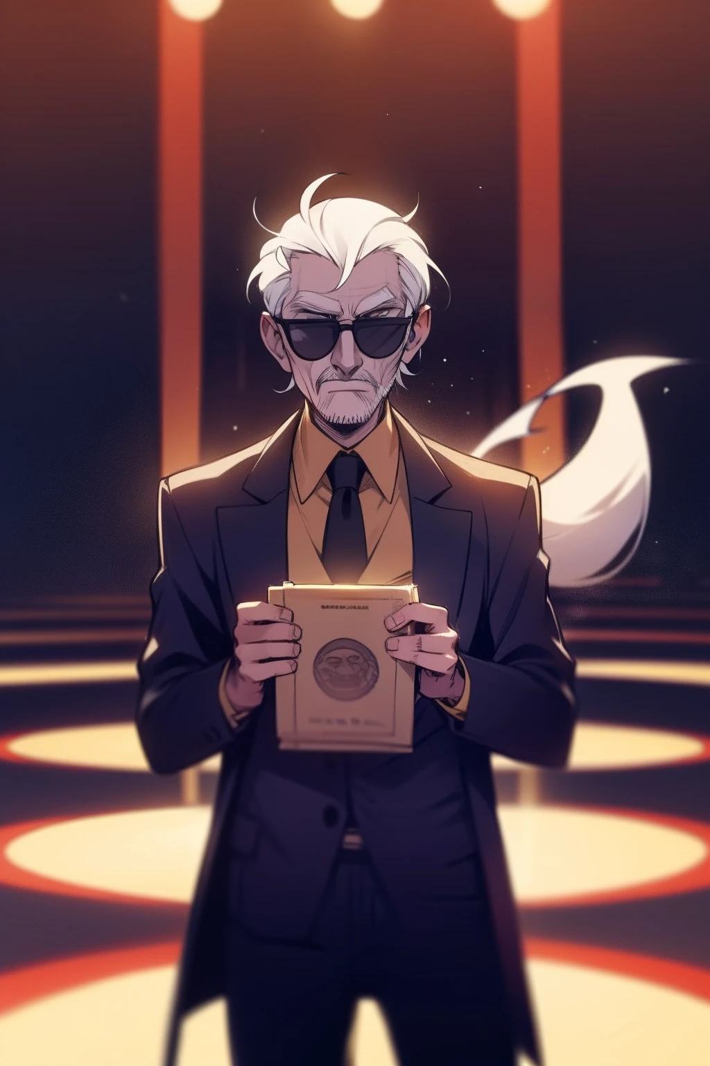 70 years old , Man, Stand in dim light looking at the camera , Handsome, American,Lunette de soleil