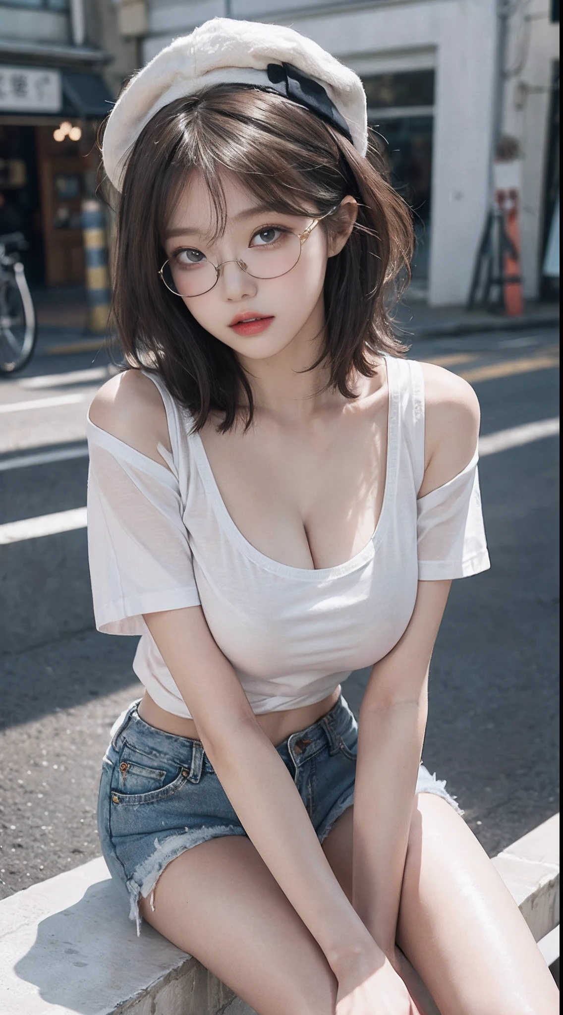 Top image quality、Raw photography、超A high resolution、18-year-old Korean、Glasses beauty、Colossal tits:1.5、cleavage of the breast:1.5、fair white skin、shiny white skin、(short bobbed hair)、((dark brown hair))、Beautiful eyes with random colors、very thin lips、beautiful eyes finely detailed、elongated eyes、pale pink blush、long eyeslashes、Beautiful double eyelids、eyeshadows、耳Nipple Ring、(Fashionable glasses、white tee、denim short pants、Beautiful legs、Attractive thighs)、street snap、caps、Emphasis on the thighs、Exposed shoulders、Pose to sit and show your legs