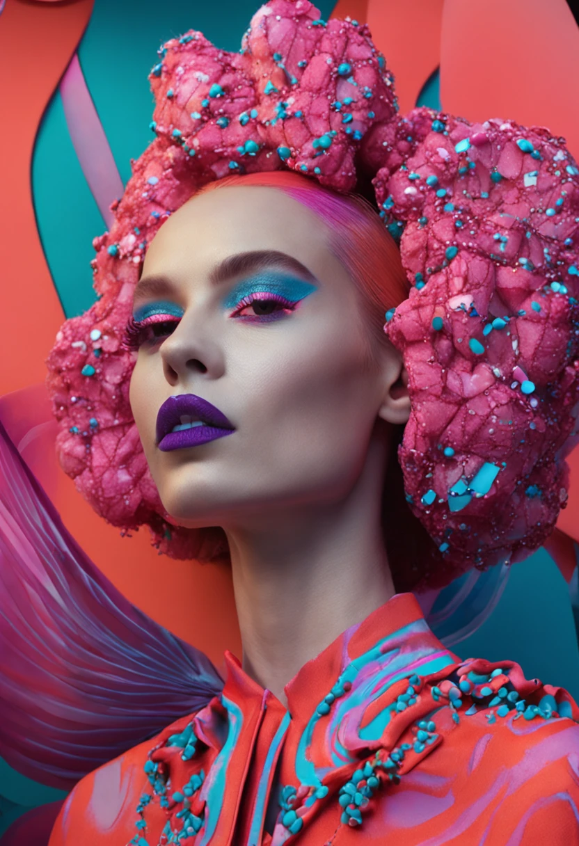 Bold and bright makeup looks, with vibrant eyeshadow, bold lips, and creative designs; Female portraiture; rule of thirds; --ar 4:5 --chaos 27 --q 2 --s 750 --v 5