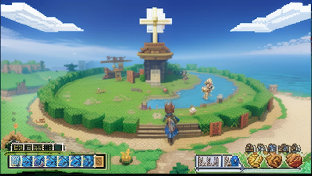 鸟山明风格，Flat pixel games《dragon quest》，Game scene design，（a paradise：1.4），16-bit pixels