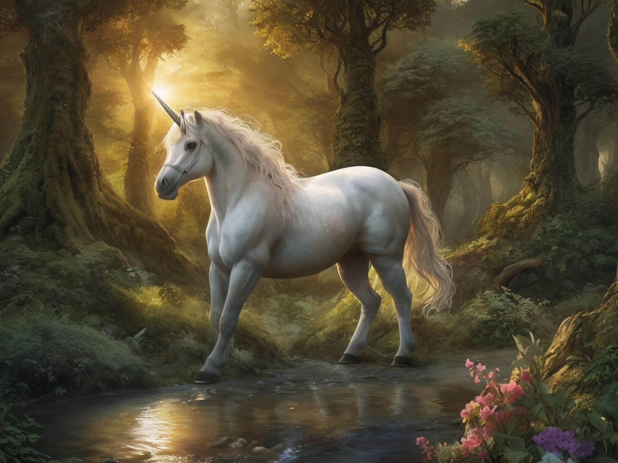 a picture of a unicorn in a forest clearing, an epic unicorn (best detailed, Masterpiece, best quality)  watching a forest clearing, there are plenty of trees and flowers, a stream of water, fairies flying around, sunset light, sun rays, DruidMagicAI, fantasy art, D&D art, RPG art, ultra best realistic, best details, best quality, 16k, [ultra detailed], masterpiece, best quality, (extremely detailed), ultra wide shot, photorealism, depth of field, hyper realistic painting