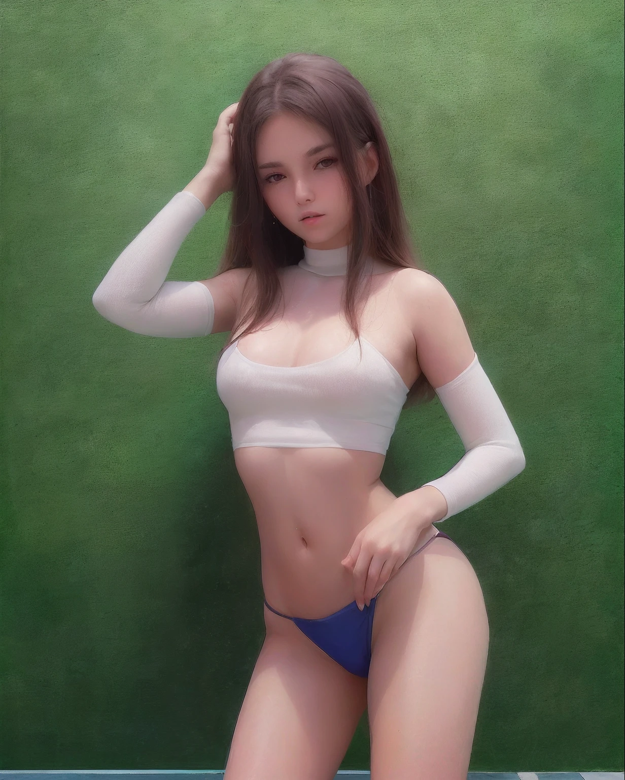 corpo inteiro, belas pernas, biquini super pequeno, piscina no fundo, ureerosface_v1, melhor qualidade, fotorrealista, 8k, alta res, 1girl, mulher, (skindentation), (retrato: 0.6), lindo, dynamicpose, ((poolsidebackground:1.6)), coqueiro, ((medium size, highnecksweater branco:1.4)), olhar reto para o espectador:1.8, (1girl olhos olhando para o espectador, middle length hair, cabelo castanho, partedbangs:1.65), (bokeh), sorriso:1.2, (boca fechada:1.16),
