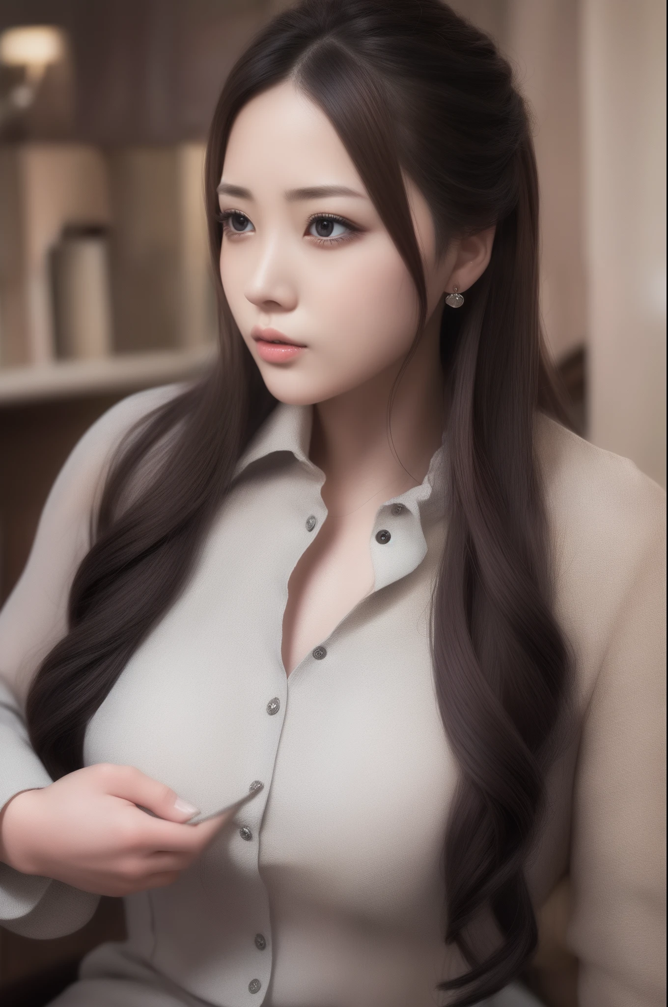 Beautuful Women、A hyper-realistic、hyperdetailed face、Detailed lips、Full lips、A detailed eye、slick skin、Button shirt、tight skirts、jaket